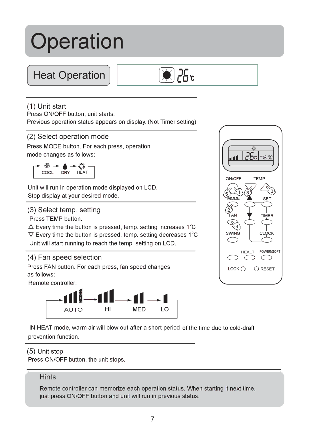 Haier 0010518526, HSU-09HEA03/(BP), HSU-12HEA03/(BP) operation manual Heat Operation 