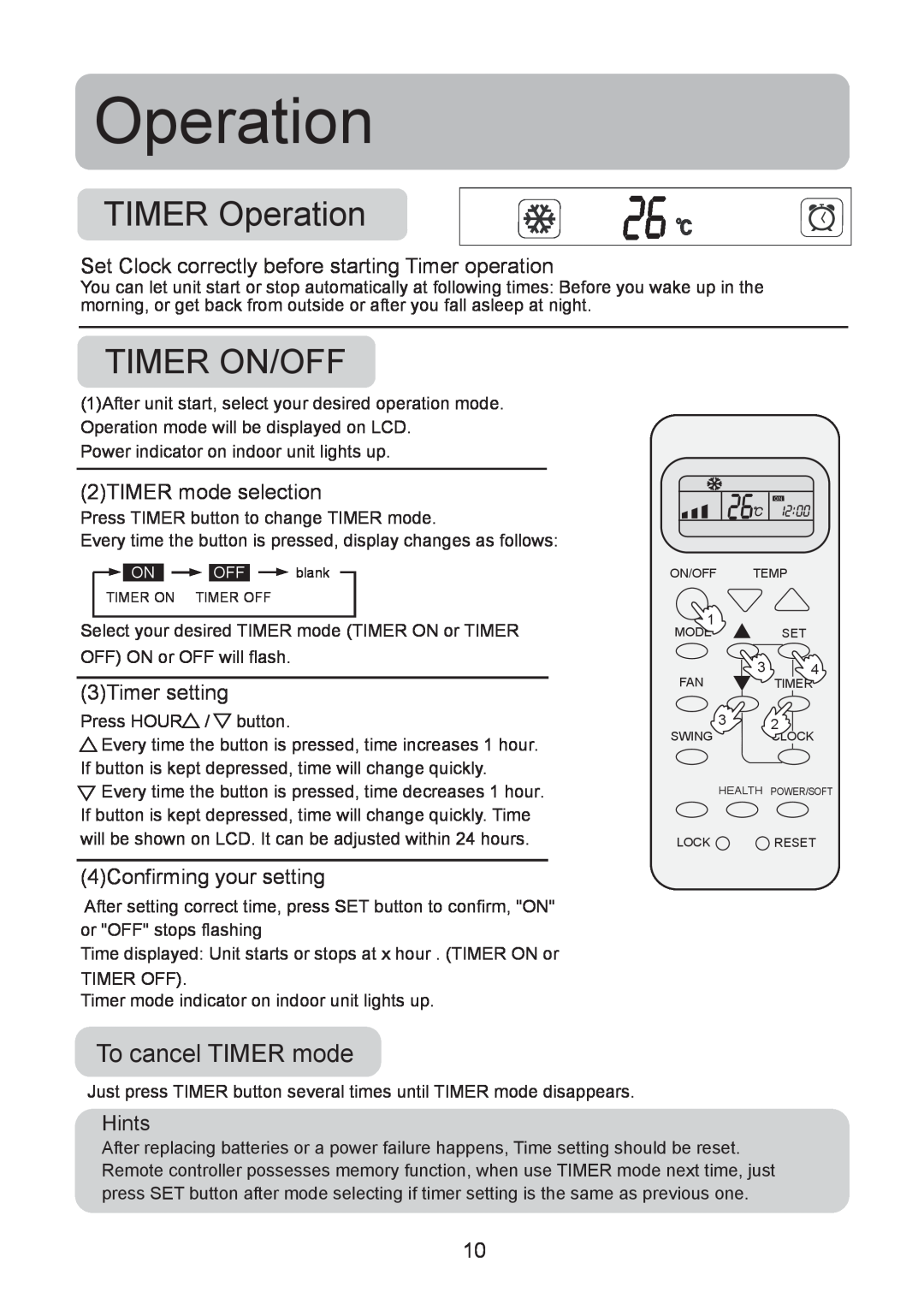 Haier 0010518526 To cancel TIMER mode, 2TIMER mode selection, 3Timer setting, 4Confirming your setting, Operation, Hints 