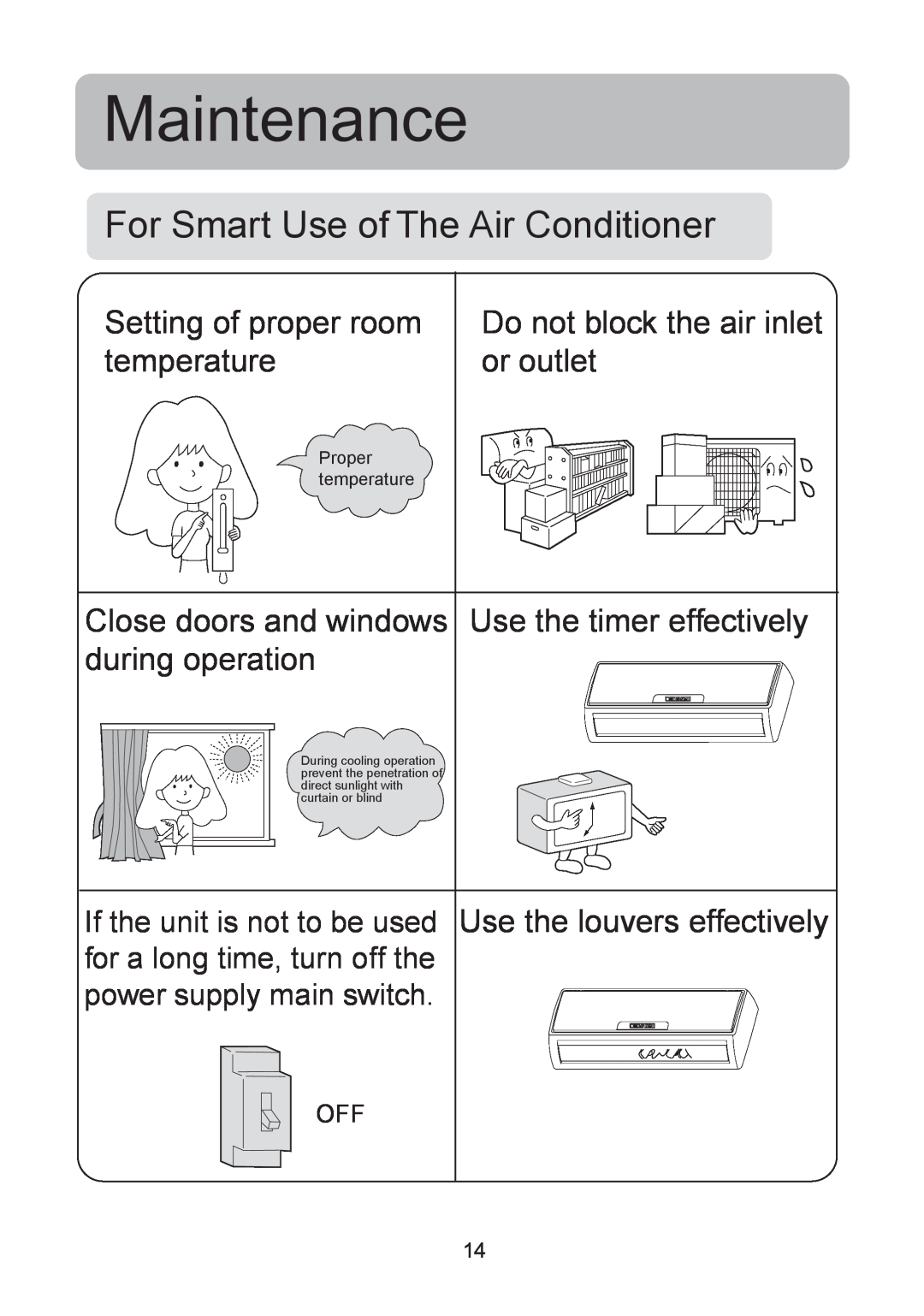 Haier HSU-09HEA03/(BP) For Smart Use of The Air Conditioner, Setting of proper room, temperature, or outlet, Maintenance 