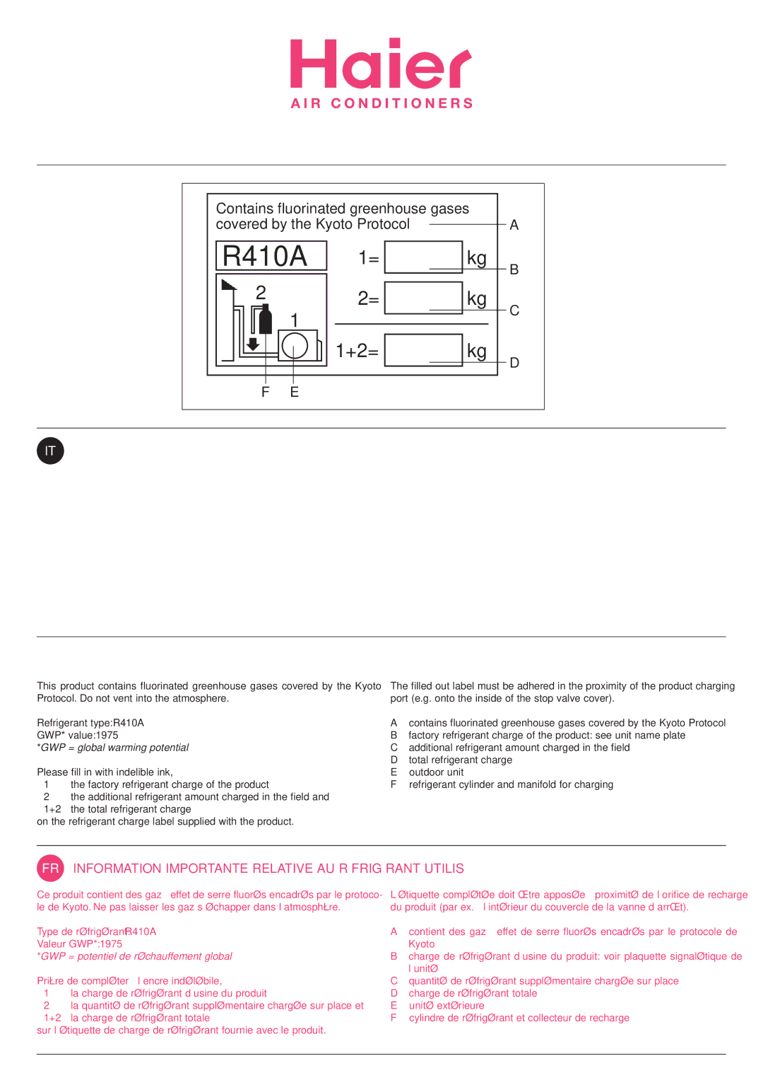 Haier HSU-09HEA03/R2-I IT Informazioni Importanti SUL Refrigerante Utilizzato, Type de réfrigérant R410A Valeur GWP 