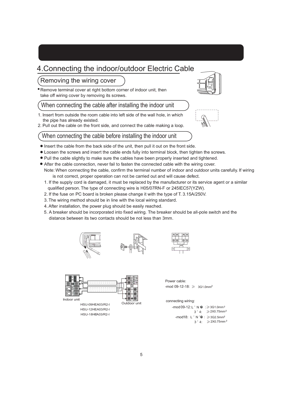 Haier HSU-09HEA03/R2-I, HSU-12HEA03/R2-I Connecting the indoor/outdoor Electric Cable, Removing the wiring cover 