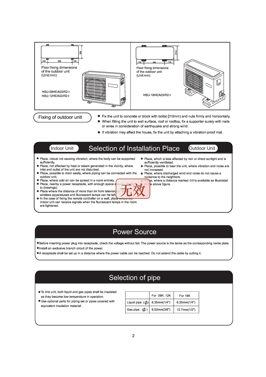 Haier HSU-09HEA03/R2-I Selection of Installation Place Outdoor Unit, Power Source, Selection of pipe, Indoor Unit 