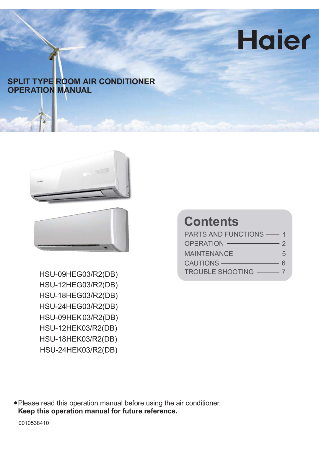 Haier HSU-12HEG03/R2(DB), HSU-09HEK03/R2(DB), HSU-12HEK03/R2(DB), HSU-24HEK03/R2(DB) operation manual 0010538410 