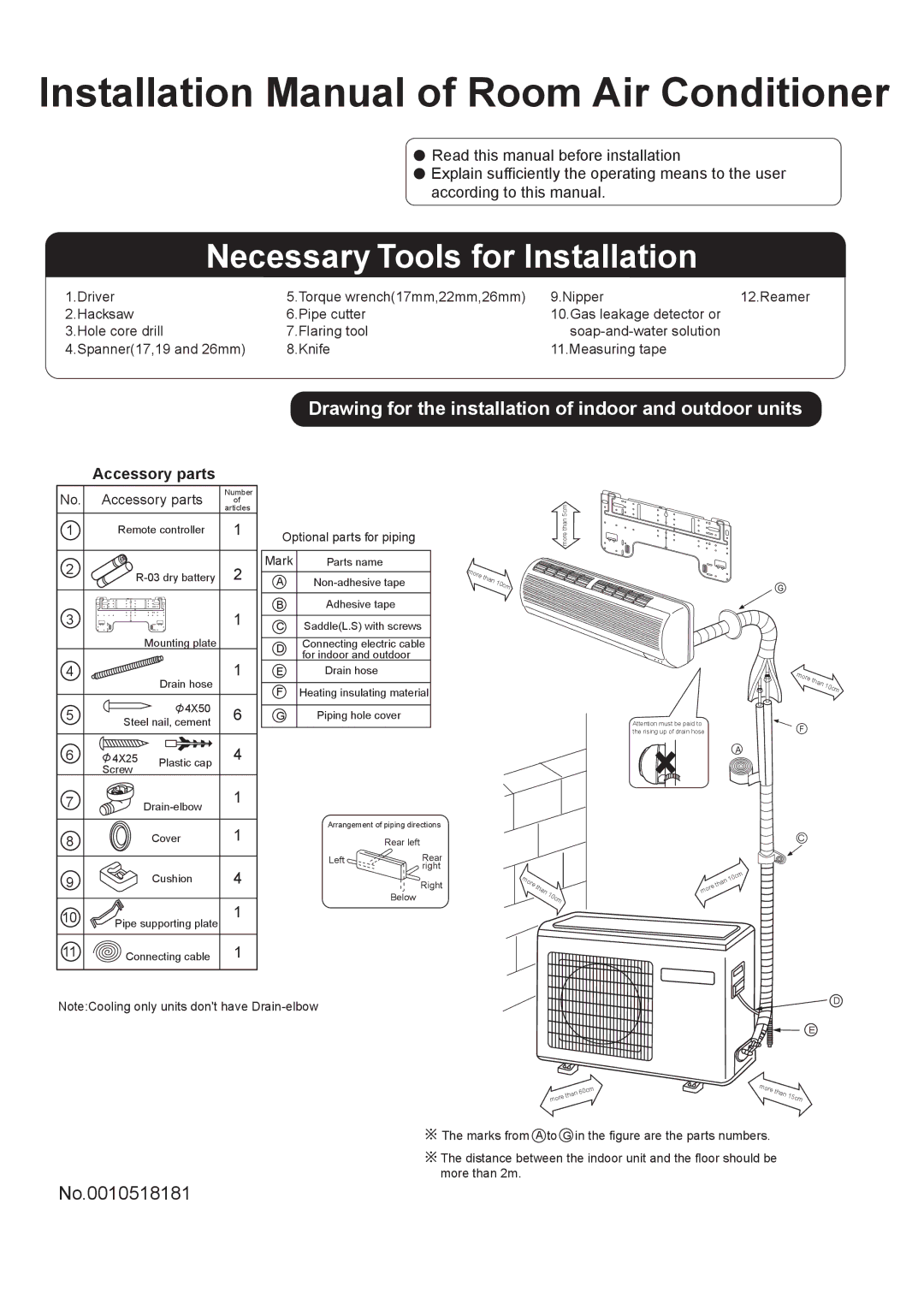 Haier HSU-12HG13-B, HSU-09HG13-B installation manual Installation Manual of Room Air Conditioner, No.0010518181 