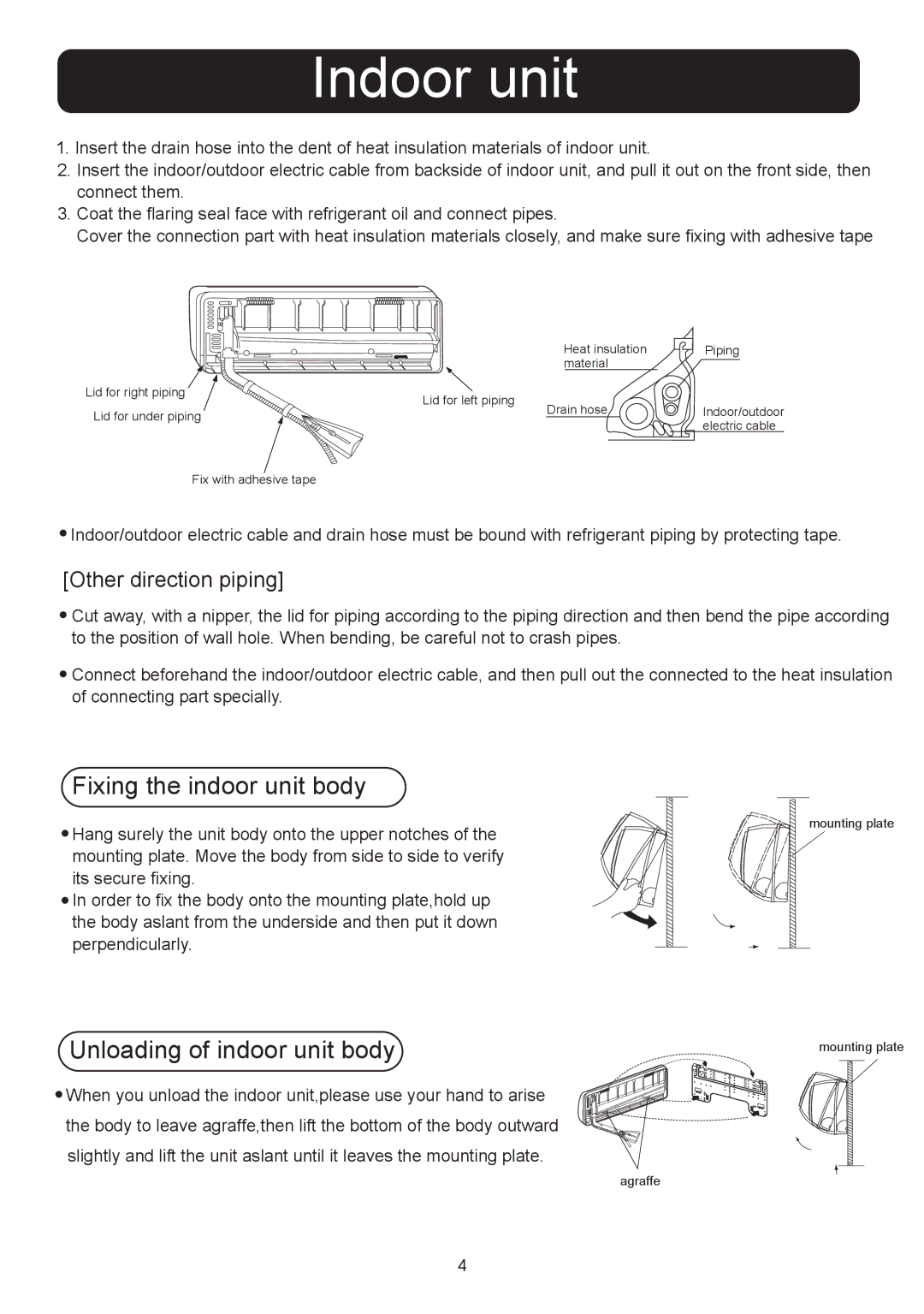 Haier HSU-12HG13-B Indoor unit, Fixing the indoor unit body, Unloading of indoor unit body, Other direction piping 