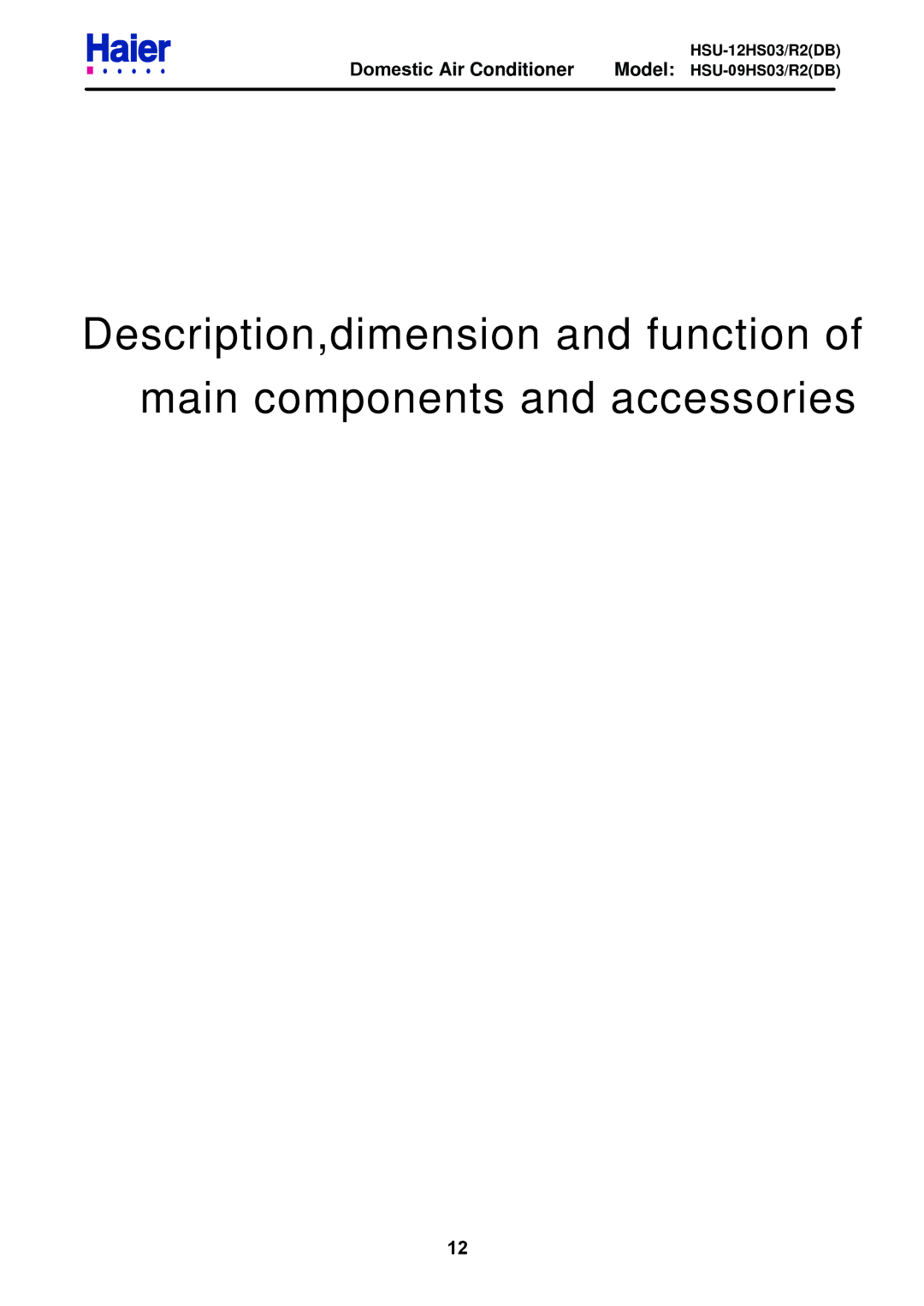 Haier HSU-09HS03/R2DB, HSU-12HS03/R2DB service manual Domestic Air Conditioner 