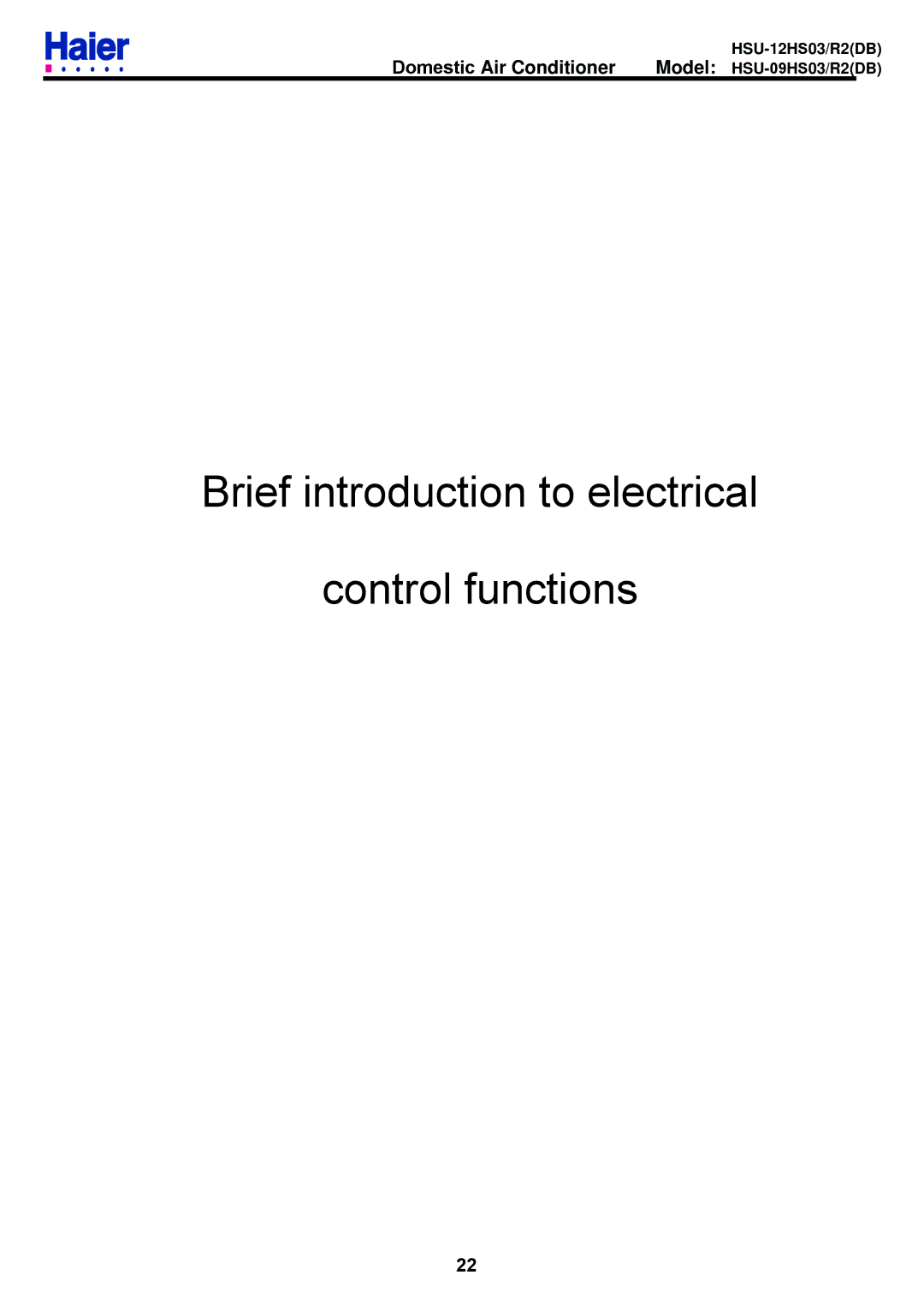 Haier HSU-09HS03/R2DB, HSU-12HS03/R2DB service manual Brief introduction to electrical Control functions 