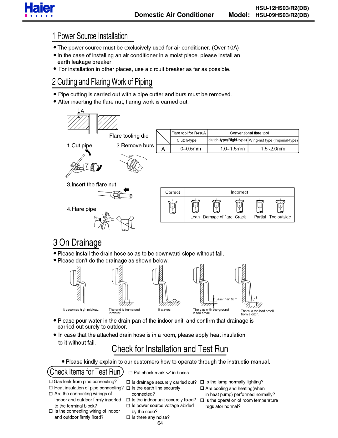 Haier HSU-09HS03/R2DB, HSU-12HS03/R2DB service manual On Drainage 