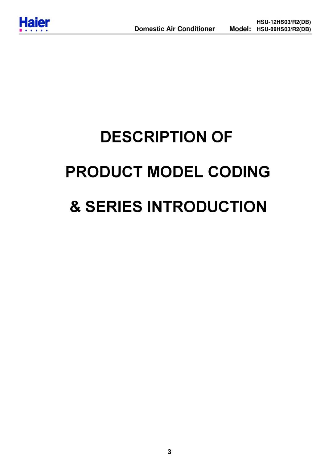 Haier HSU-12HS03/R2DB, HSU-09HS03/R2DB Description Of Product Model Coding Series Introduction, Domestic Air Conditioner 
