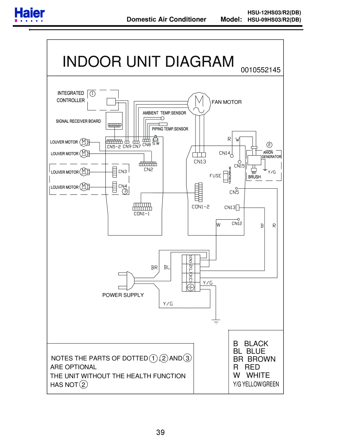 Haier HSU-12HS03/R2DB Indoor Unit Diagram, Black, Bl Blue, Br Brown, White, Domestic Air Conditioner, Are Optional 