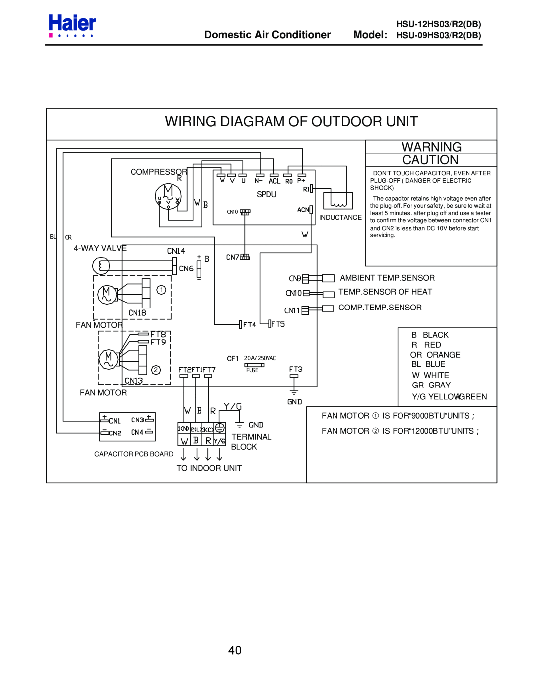 Haier Wiring Diagram Of Outdoor Unit, Domestic Air Conditioner, HSU-12HS03/R2DB, Model HSU-09HS03/R2DB, Spdu 