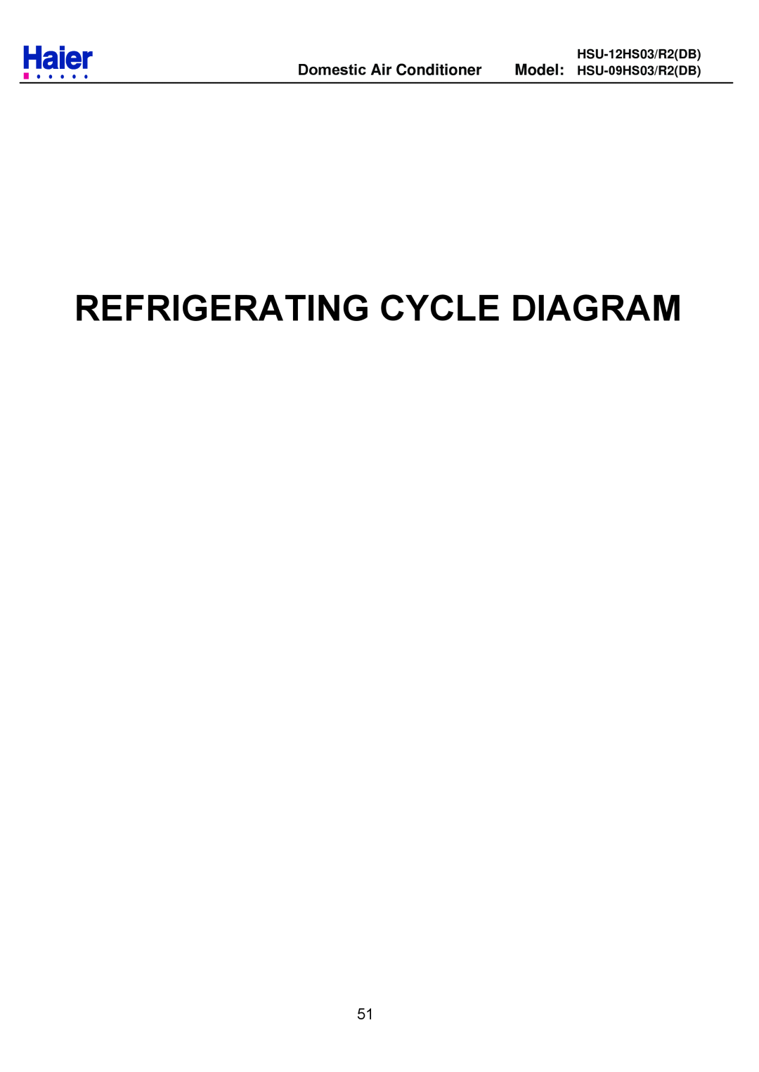 Haier HSU-12HS03/R2DB service manual Refrigerating Cycle Diagram, Domestic Air Conditioner, Model HSU-09HS03/R2DB 