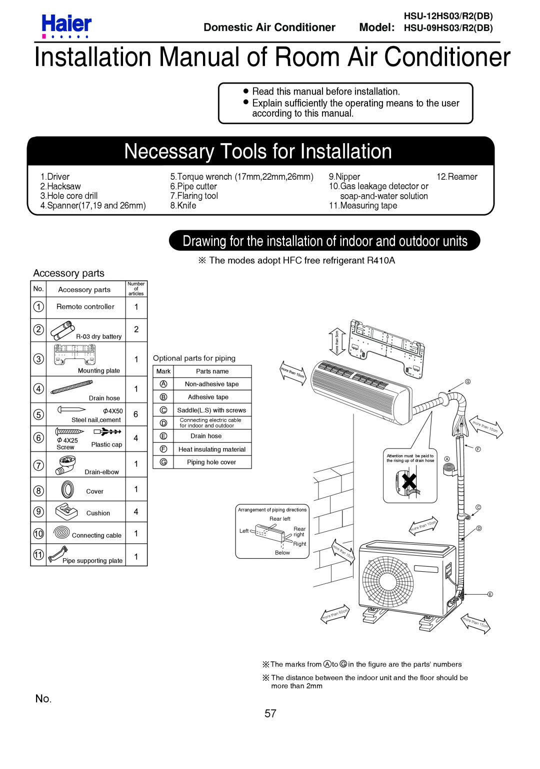 Haier HSU-12HS03/R2DB Installation Manual of Room Air Conditioner, Necessary Tools for Installation, Model HSU-09HS03/R2DB 