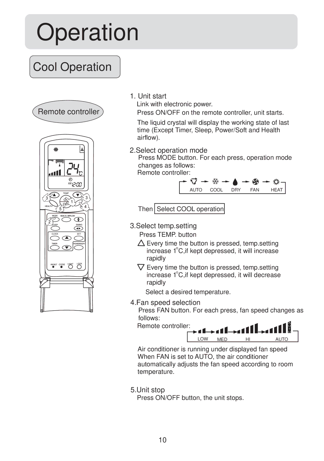 Haier HSU-09HS03/R2(DB) operation manual Cool Operation, Select temp.setting 