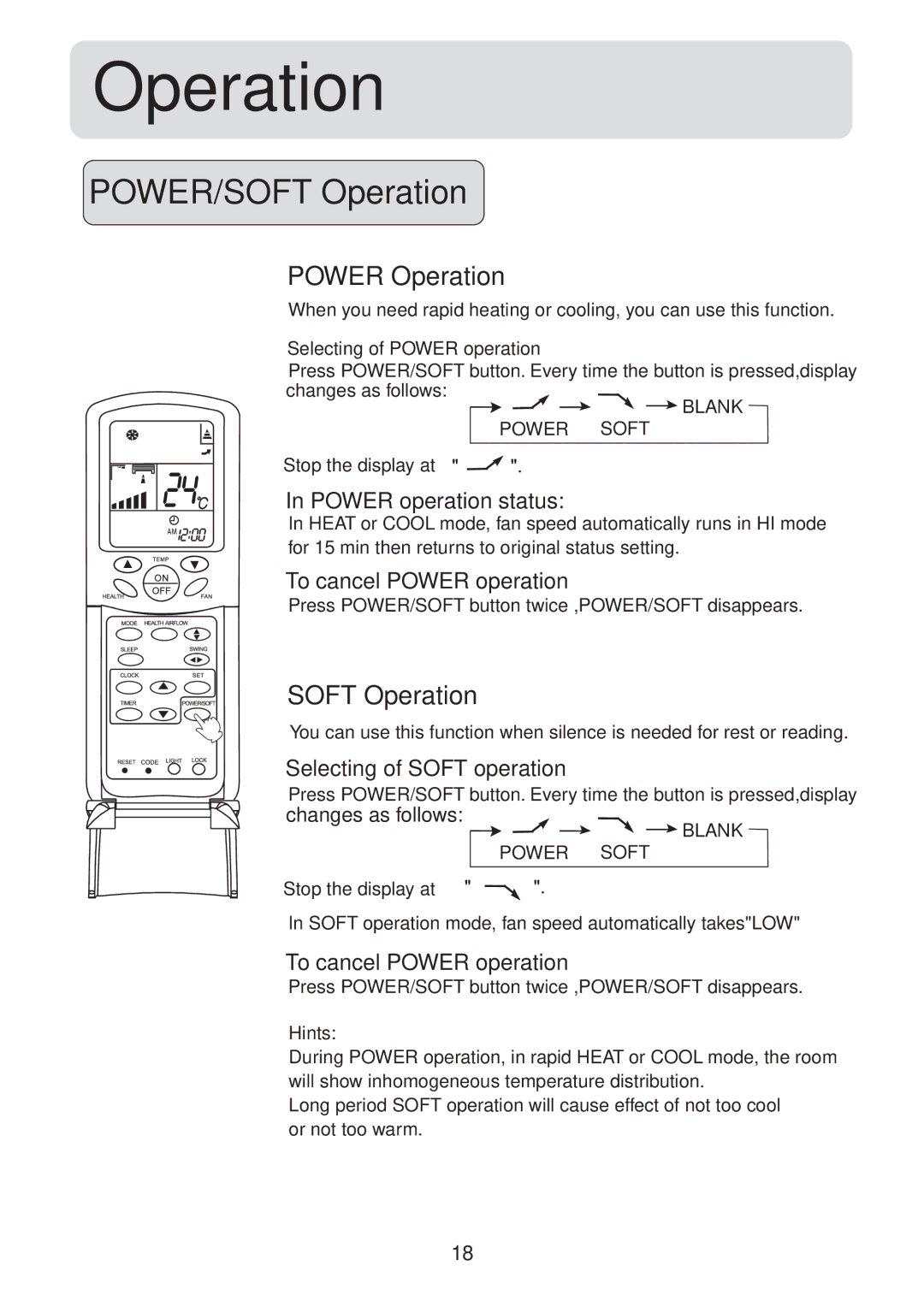 Haier HSU-09HS03/R2(DB) operation manual POWER/SOFT Operation, Power Operation, Soft Operation 