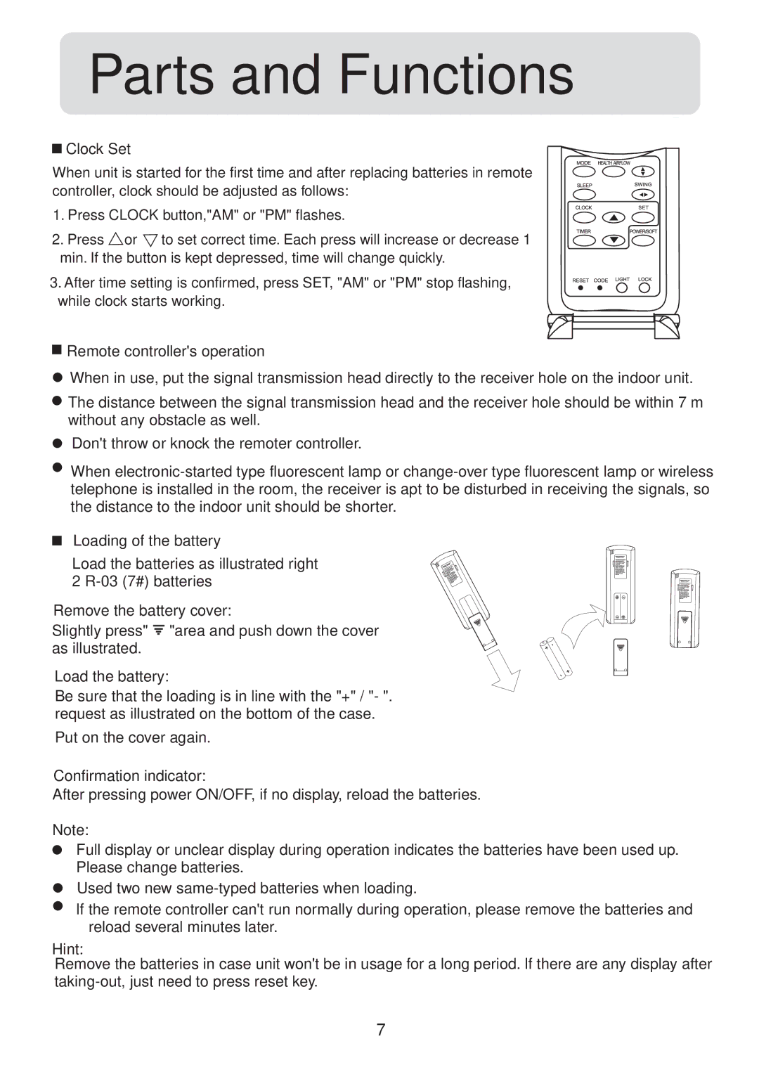 Haier HSU-09HS03/R2(DB) operation manual Parts and Functions 