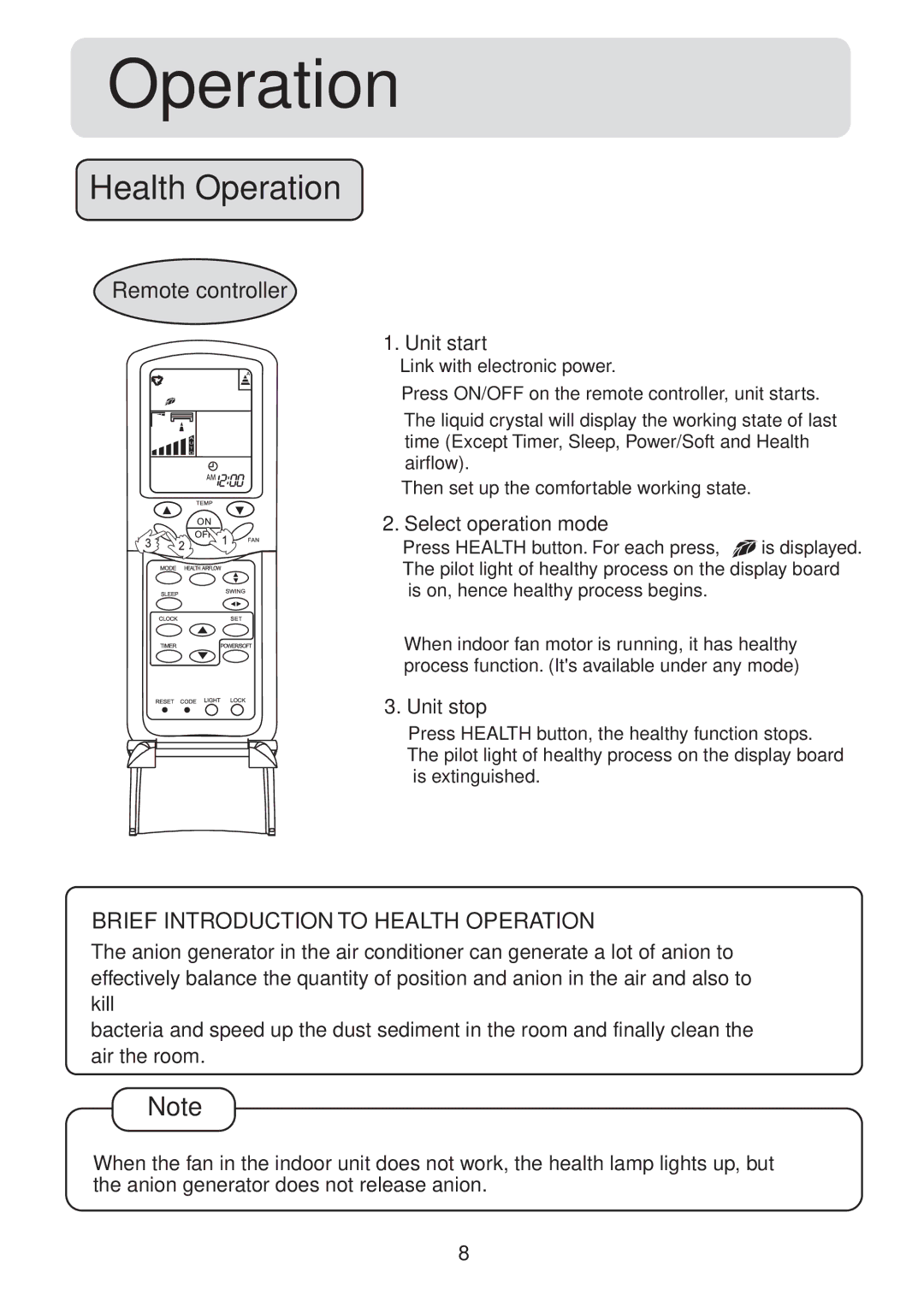 Haier HSU-09HS03/R2(DB) operation manual Health Operation, Remote controller, Unit start, Select operation mode, Unit stop 