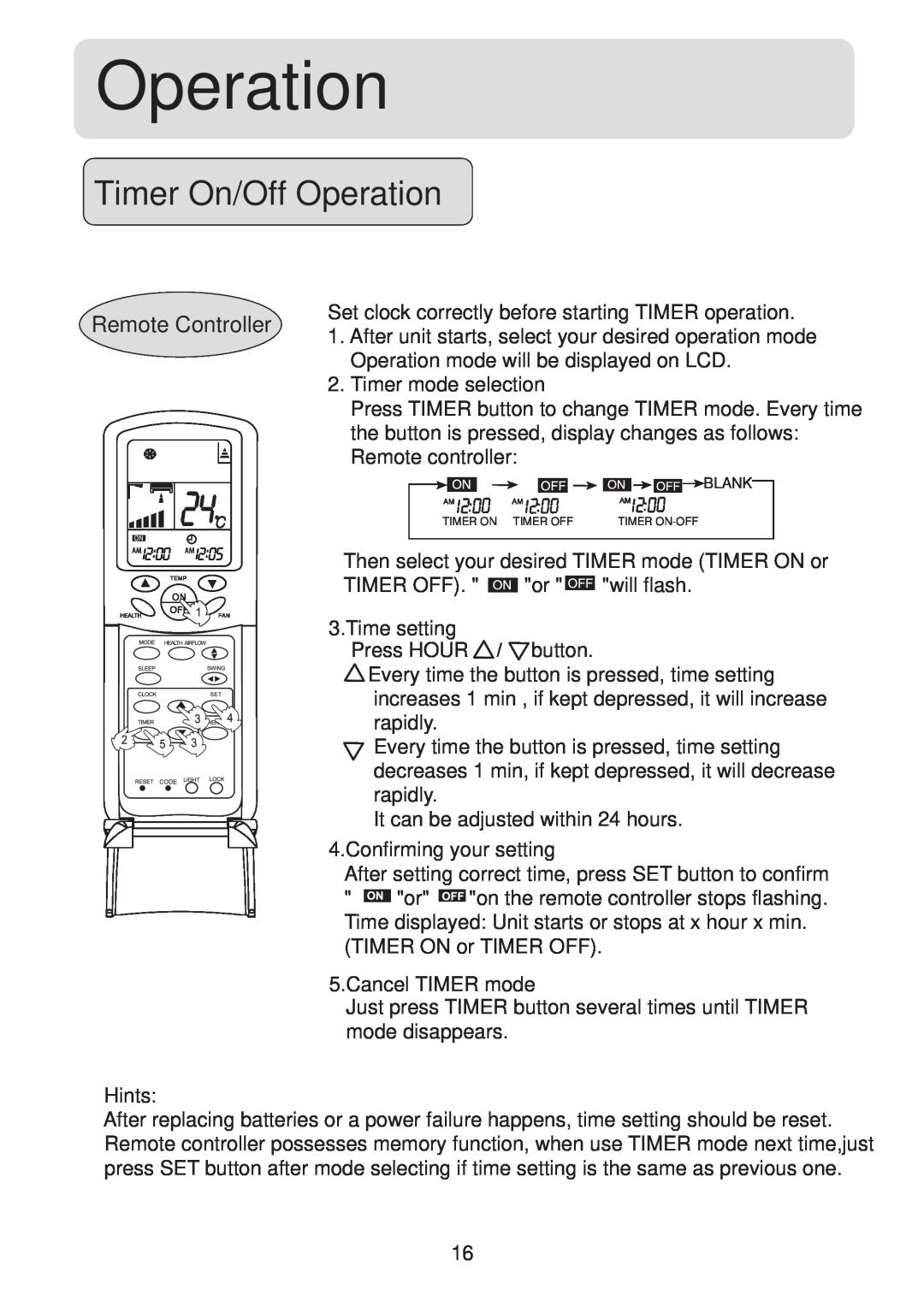 Haier HSU-09HS03/R2(DB) operation manual Timer On/Off Operation, Remote Controller 