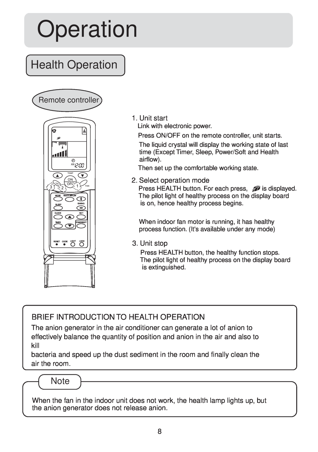 Haier HSU-09HS03/R2(DB) operation manual Remote controller, Brief Introduction To Health Operation 