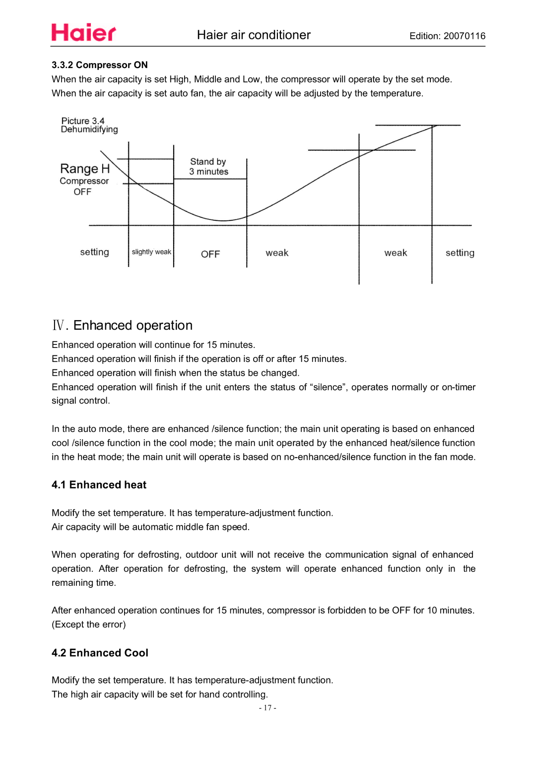 Haier HSU-12HSA03/R2(DB), HSU-09HSA03/R2(DB) manual Enhanced operation, Enhanced heat, Enhanced Cool 