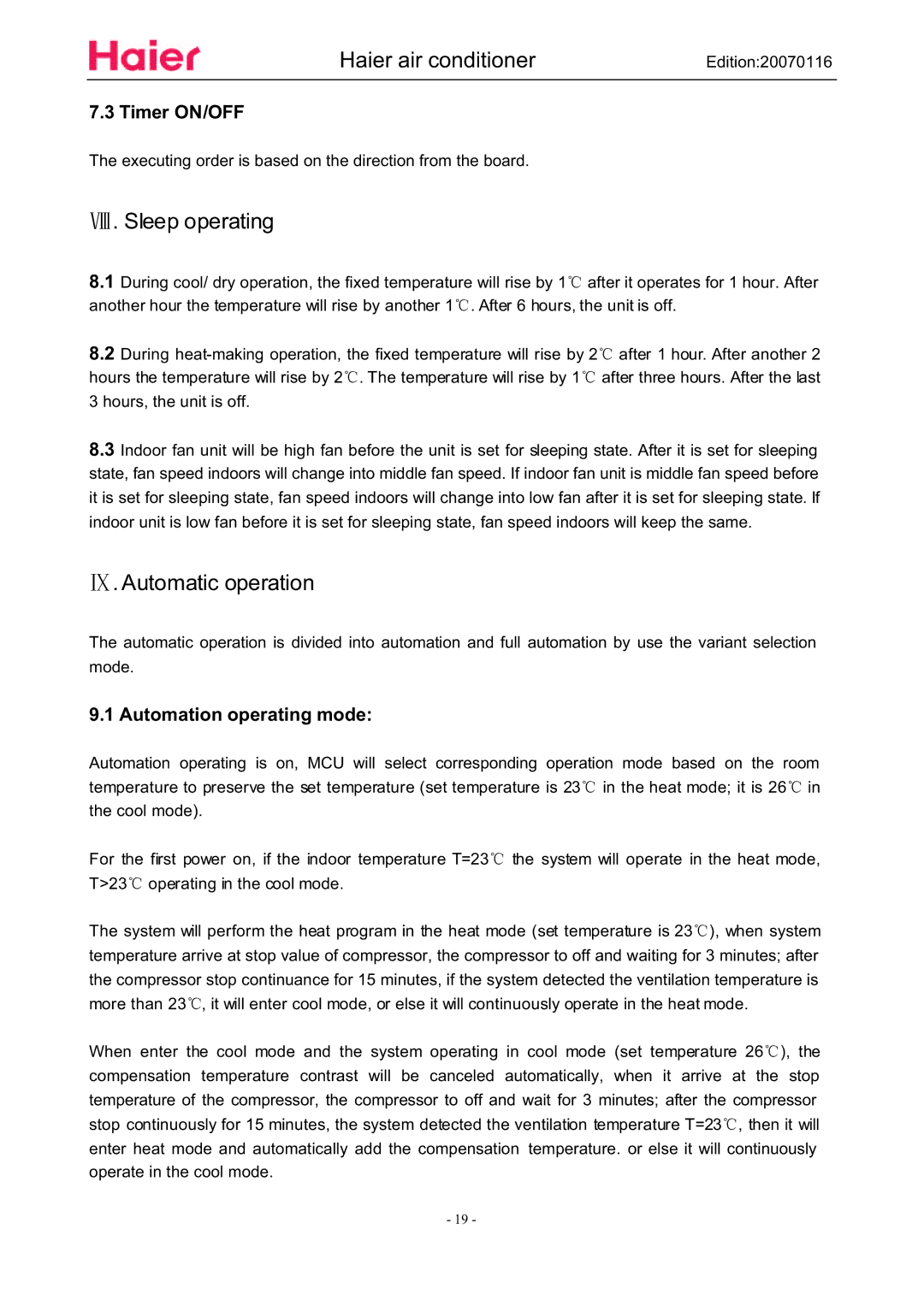 Haier HSU-12HSA03/R2(DB), HSU-09HSA03/R2(DB) Sleep operating, Automatic operation, Timer ON/OFF, Automation operating mode 