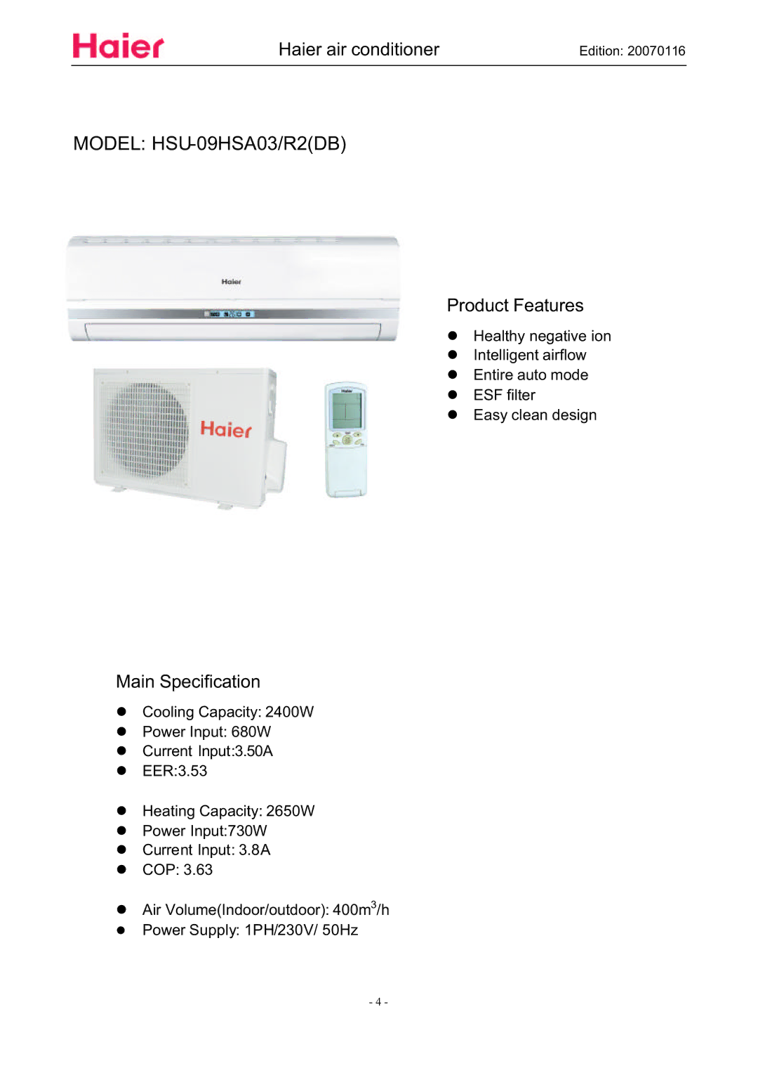 Haier HSU-09HSA03/R2(DB), HSU-12HSA03/R2(DB) manual Product Features, Main Specification 