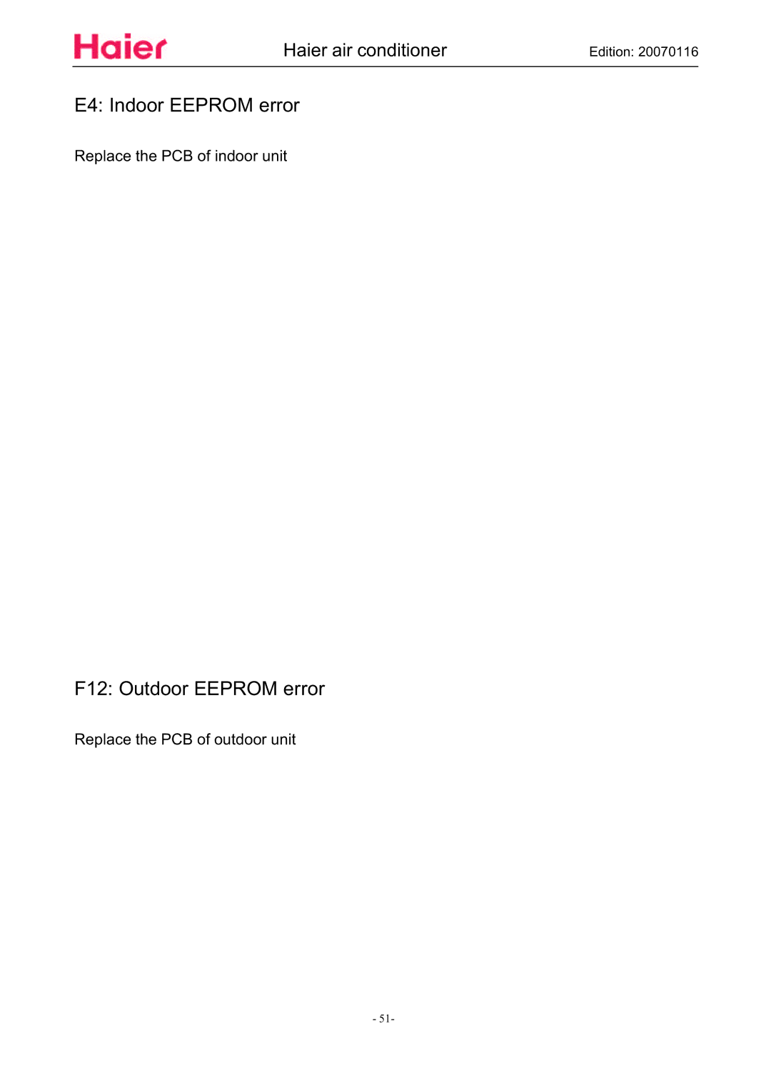 Haier HSU-12HSA03/R2(DB), HSU-09HSA03/R2(DB) manual E4 Indoor Eeprom error, F12 Outdoor Eeprom error 