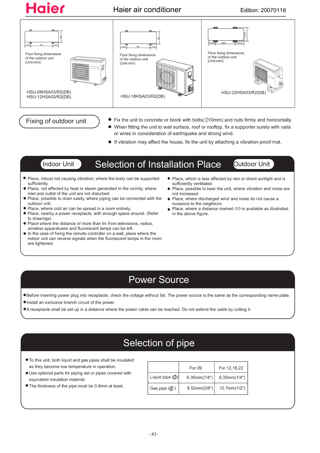 Haier HSU-12HSA03/R2(DB), HSU-09HSA03/R2(DB) manual Selection of Installation Place Outdoor Unit 