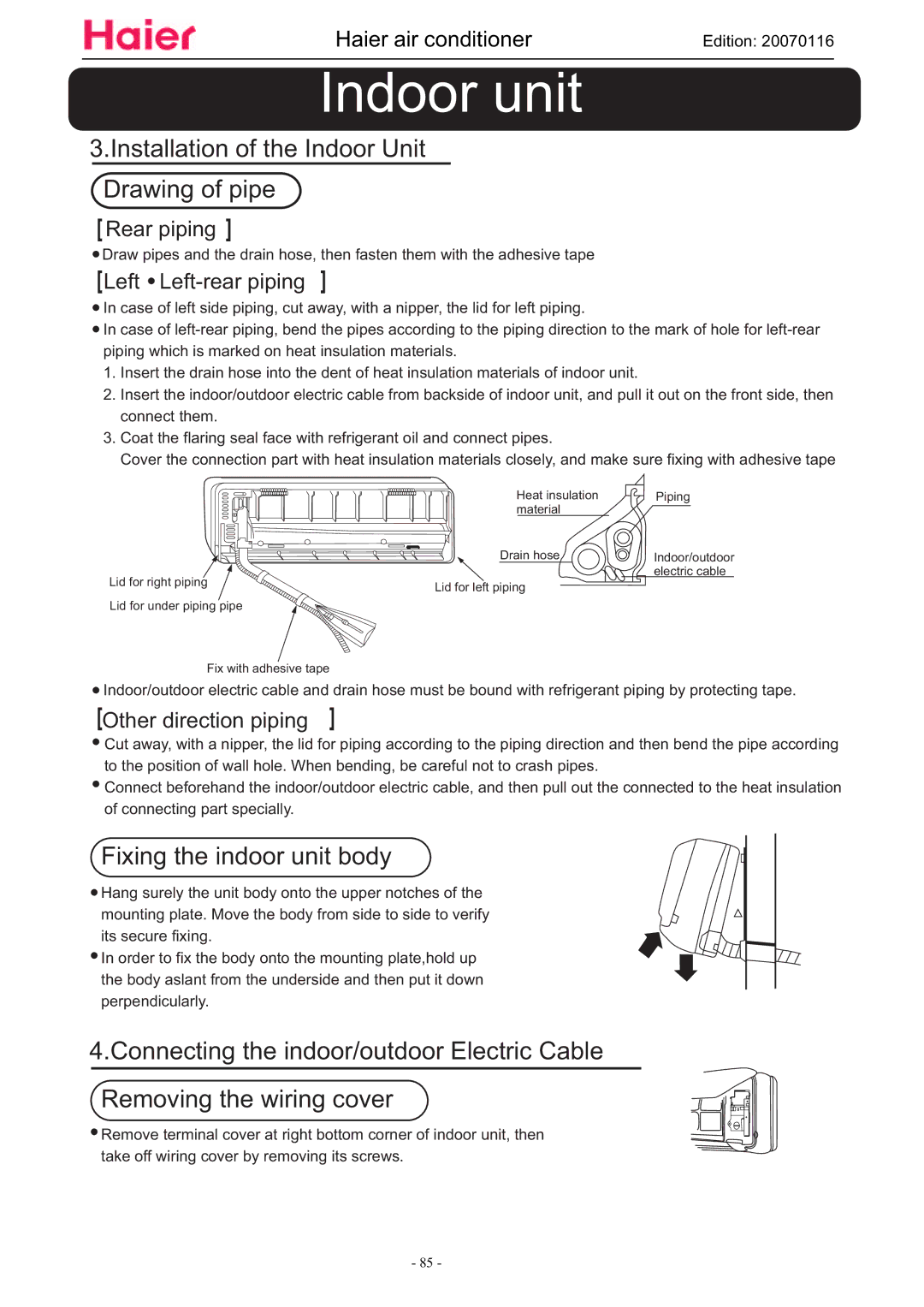 Haier HSU-12HSA03/R2(DB), HSU-09HSA03/R2(DB) manual Installation of the Indoor Unit Drawing of pipe 