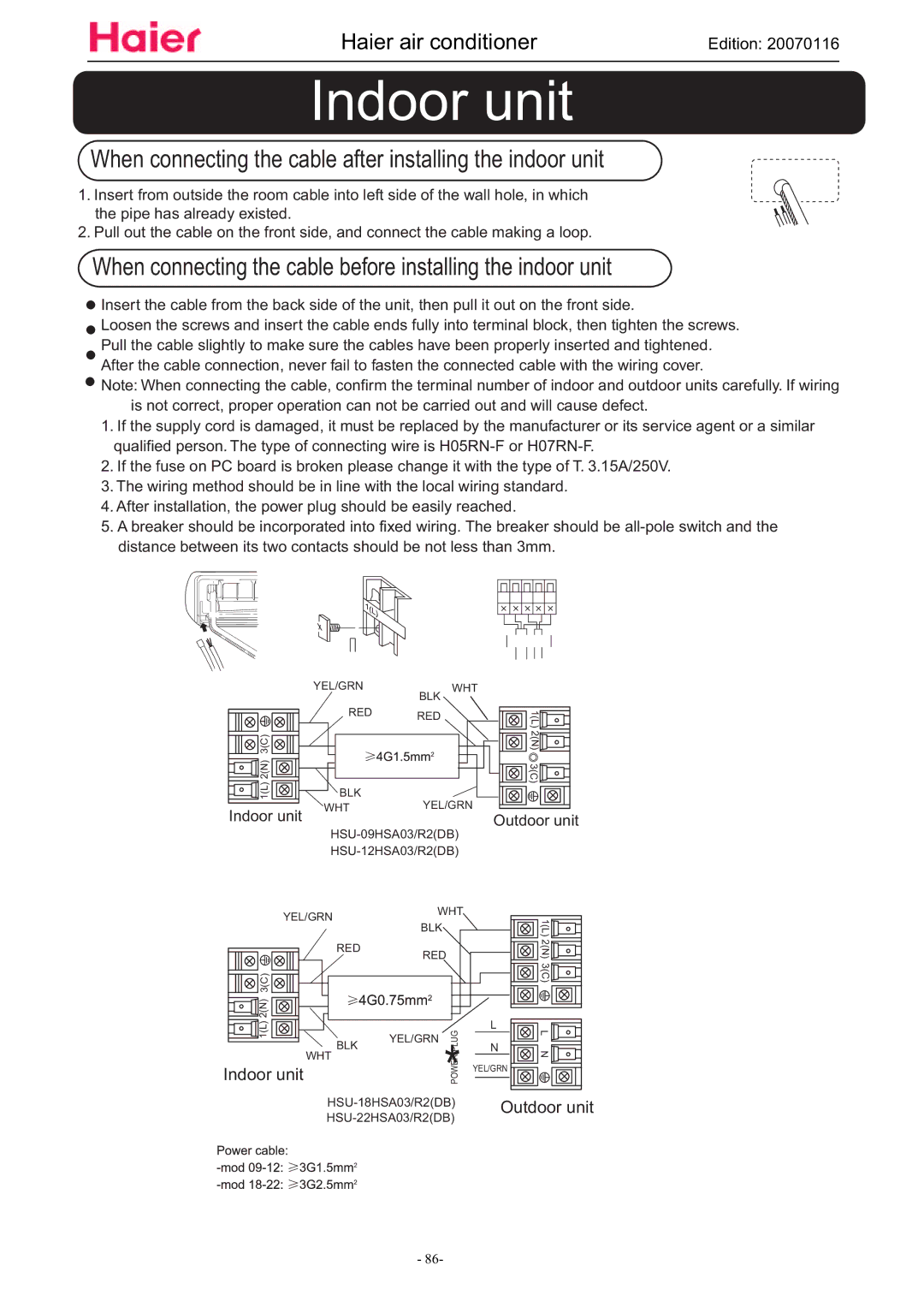 Haier HSU-09HSA03/R2(DB), HSU-12HSA03/R2(DB) manual When connecting the cable after installing the indoor unit 