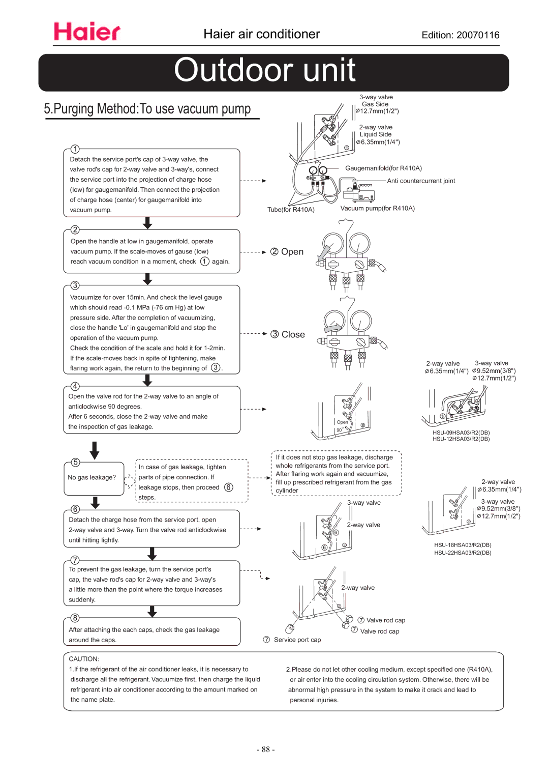 Haier HSU-09HSA03/R2(DB), HSU-12HSA03/R2(DB) manual Purging MethodTo use vacuum pump 