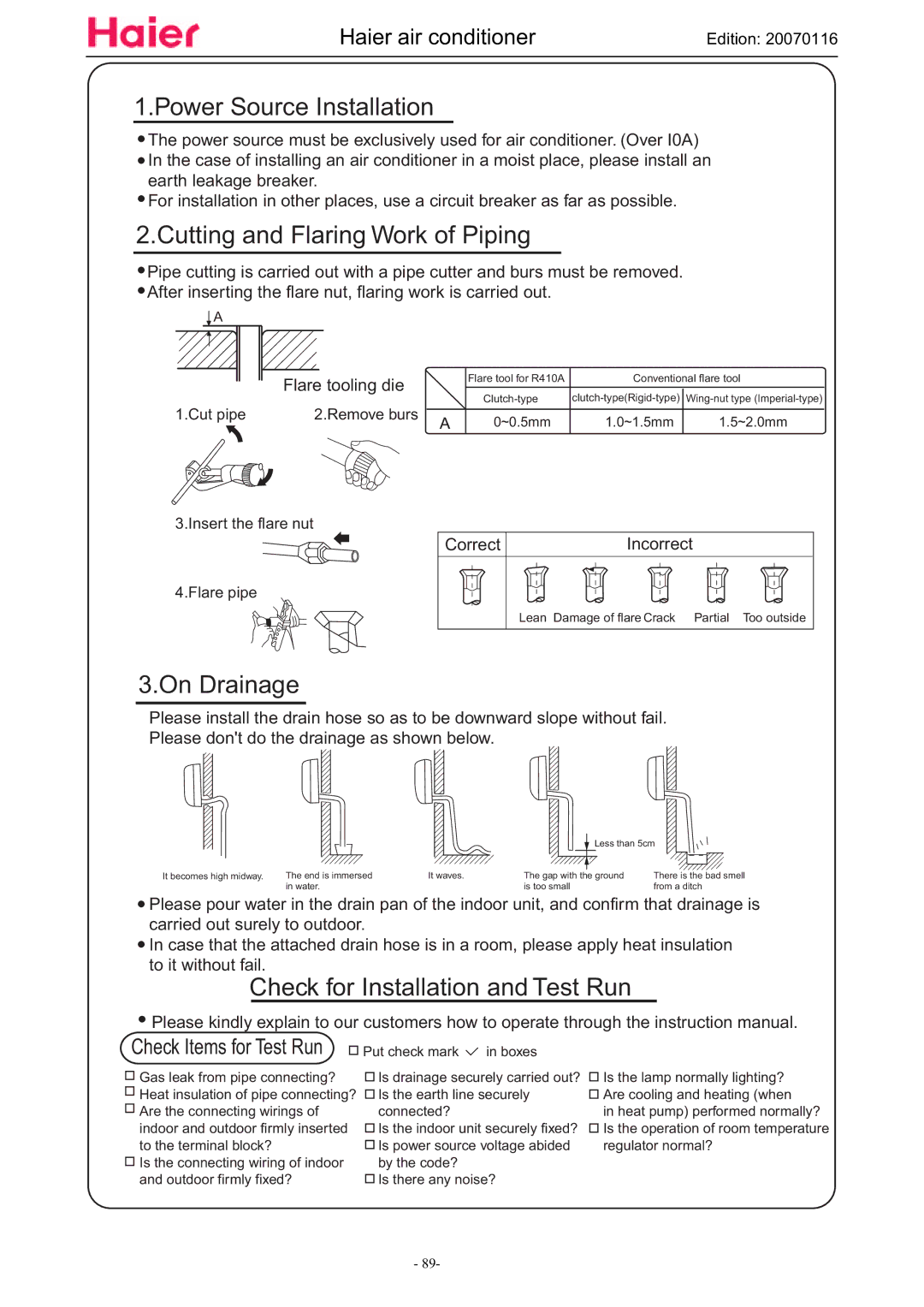 Haier HSU-12HSA03/R2(DB), HSU-09HSA03/R2(DB) manual Power Source Installation 