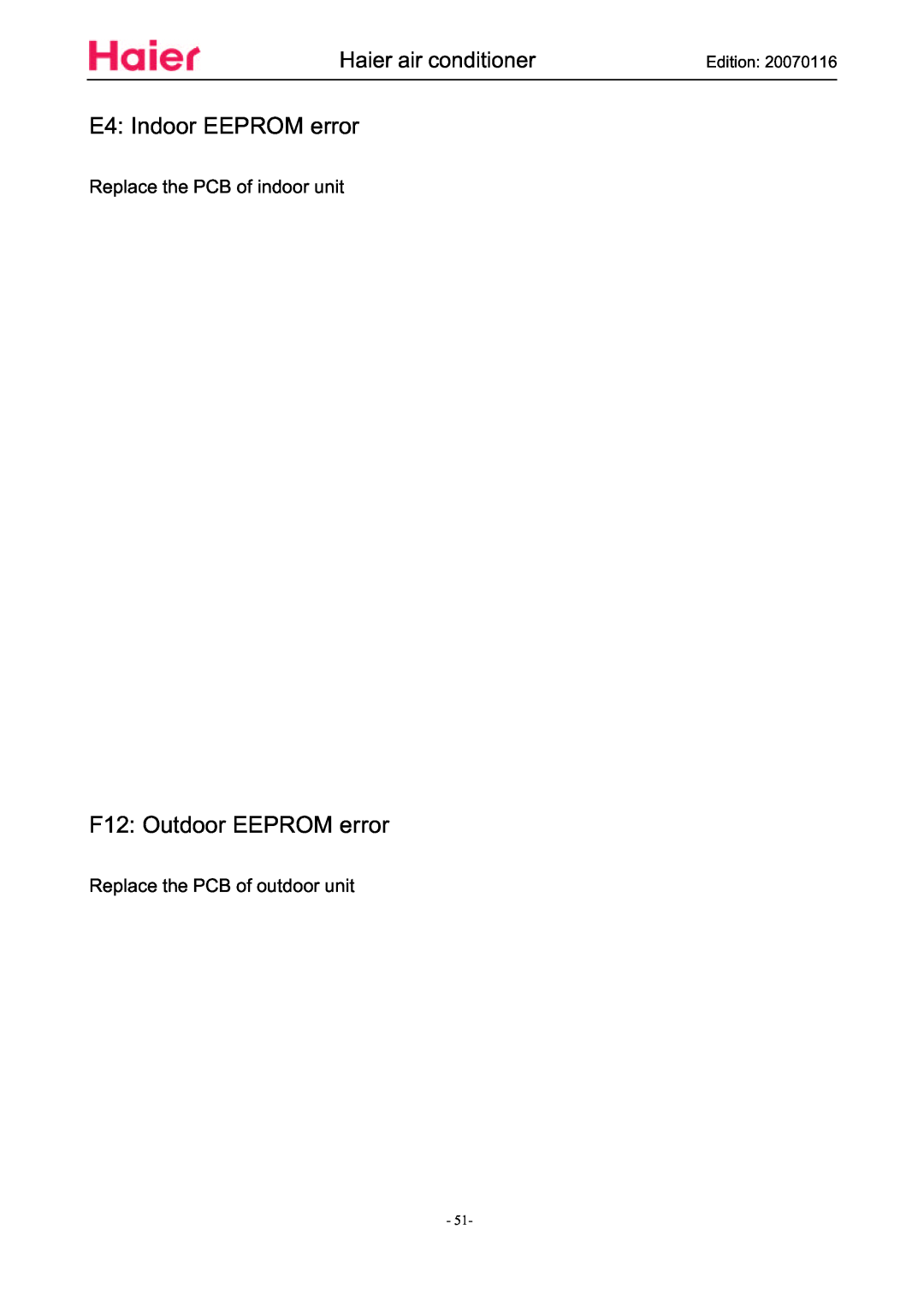 Haier HSU-12HSA03/R2(DB) manual E4: Indoor EEPROM error, F12: Outdoor EEPROM error, Replace the PCB of indoor unit, Edition 