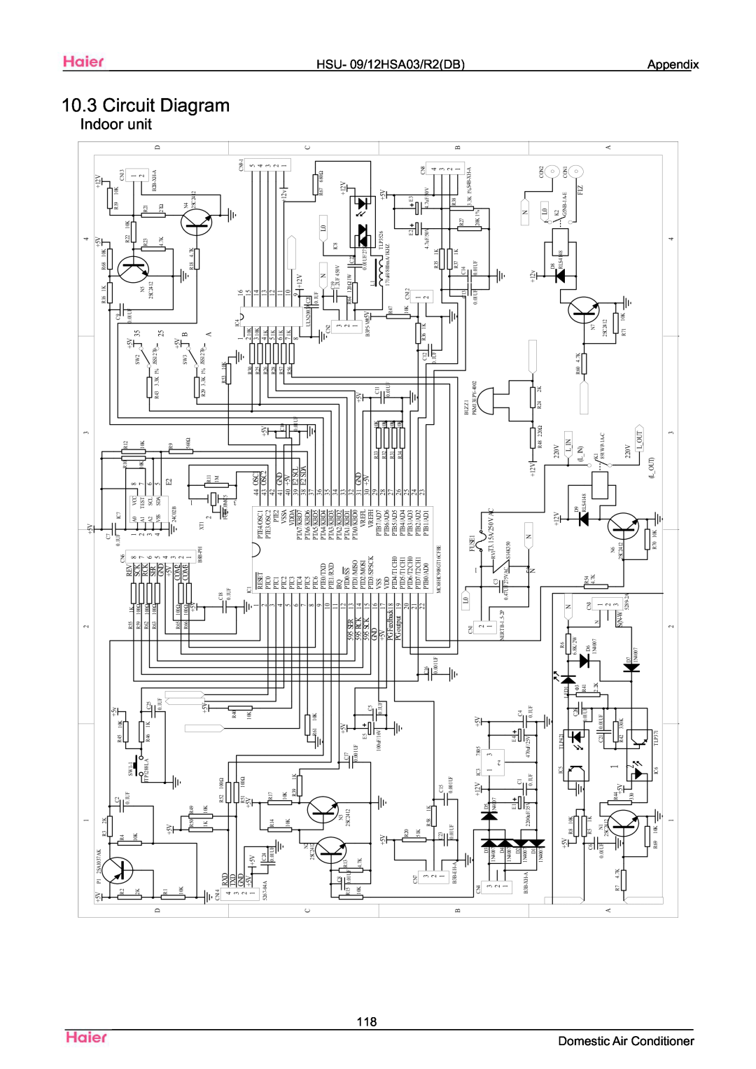 Haier HSU-09HSA03/R2(DB) manual Circuit Diagram Indoor unit, Domestic Air Conditioner, HSU- 09/12HSA03/R2DB Appendix 