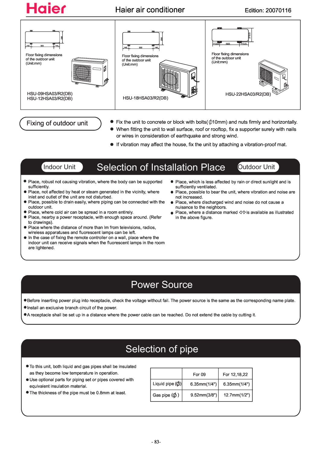 Haier HSU-12HSA03/R2(DB) manual Selection of Installation Place Outdoor Unit, Power Source, Selection of pipe, Indoor Unit 