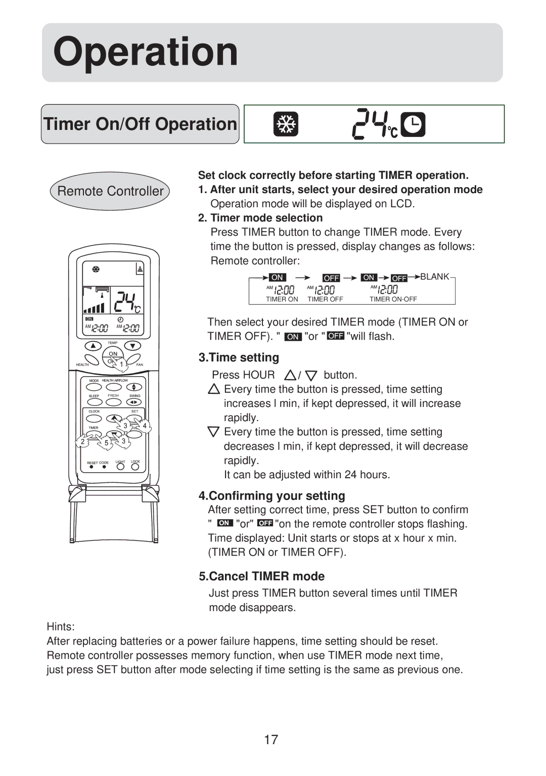 Haier HSU-09HV03/R2(SDB) operation manual Timer On/Off Operation, Time setting, Confirming your setting, Cancel Timer mode 