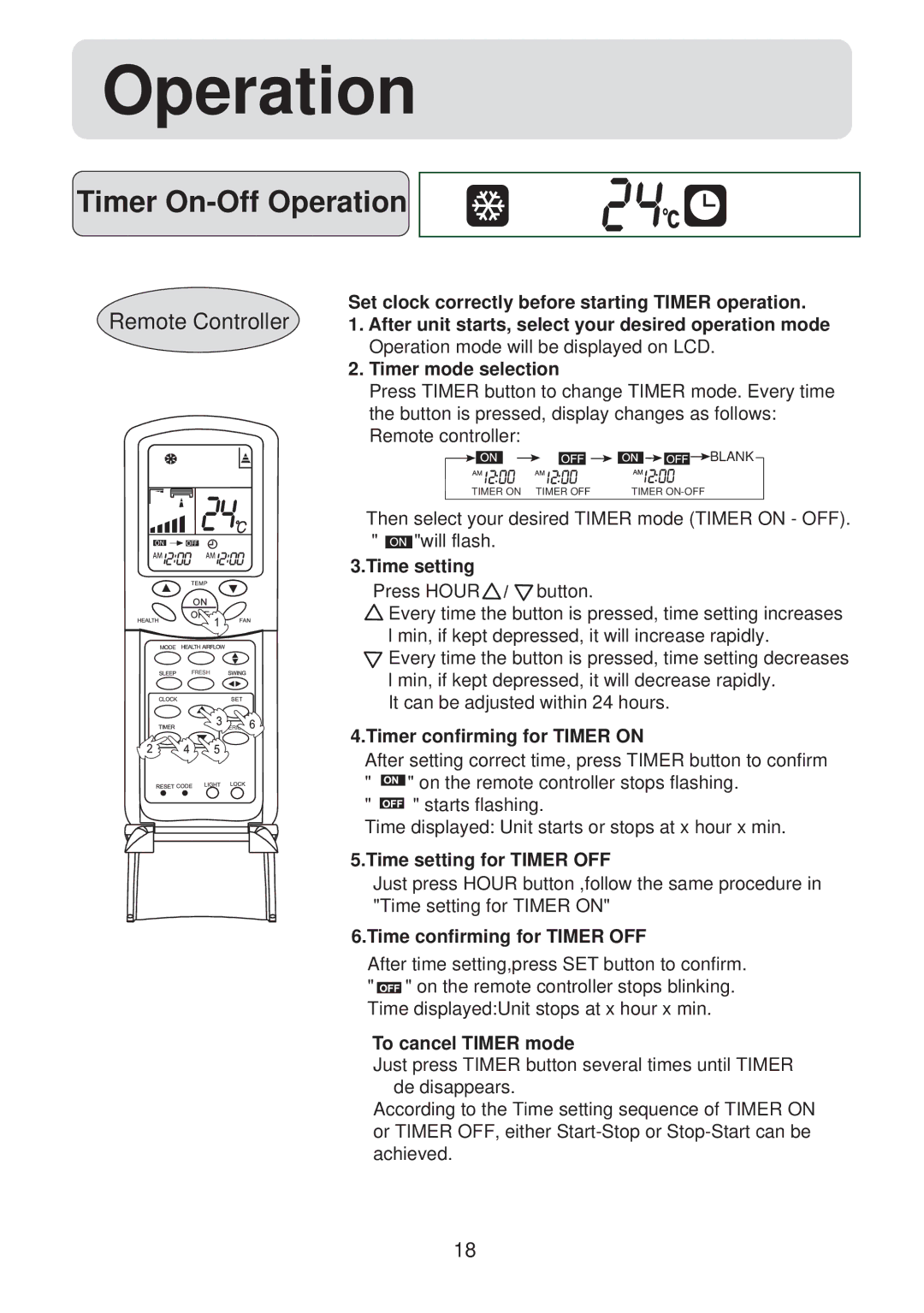 Haier HSU-12HV03/R2(SDB), HSU-09HV03/R2(SDB) operation manual Timer On-Off Operation, Time setting 