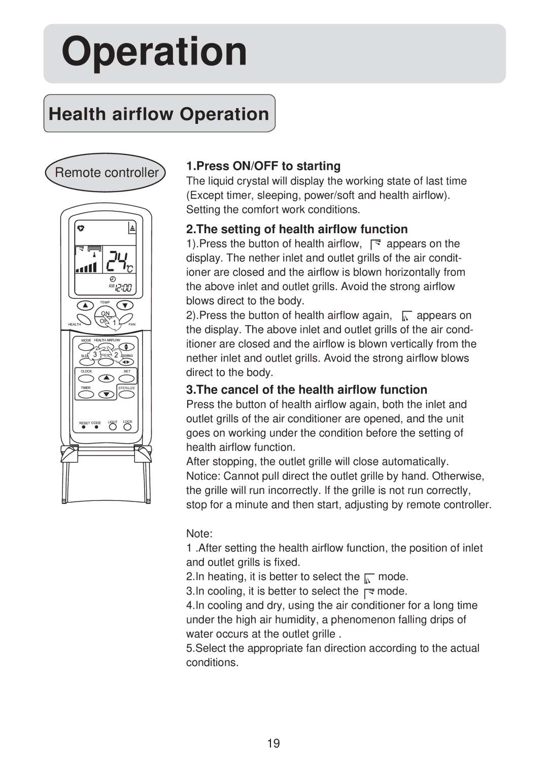 Haier HSU-09HV03/R2(SDB) Health airflow Operation, Press ON/OFF to starting, Setting of health airflow function 