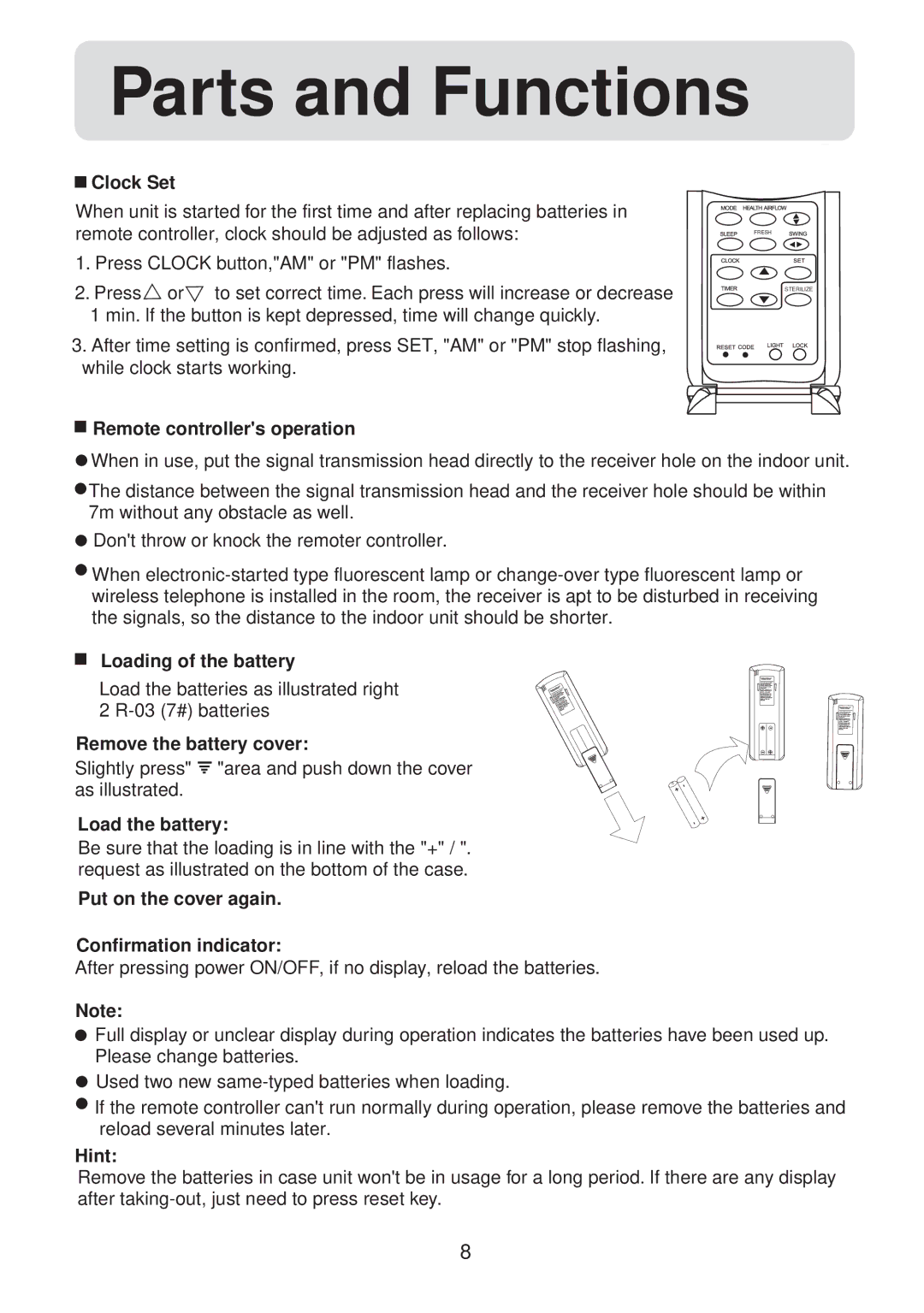 Haier HSU-12HV03/R2(SDB), HSU-09HV03/R2(SDB) operation manual Loading of the battery 