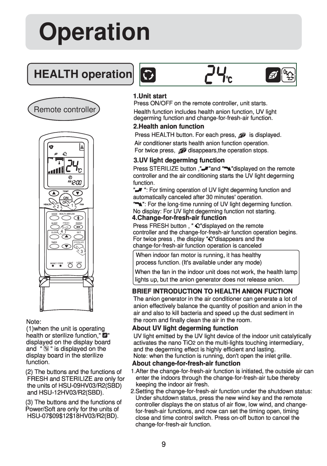 Haier HSU-09HV03/R2(SDB) operation manual Operation, Remote controller, HEALTH operation, Unit start, Health anion function 