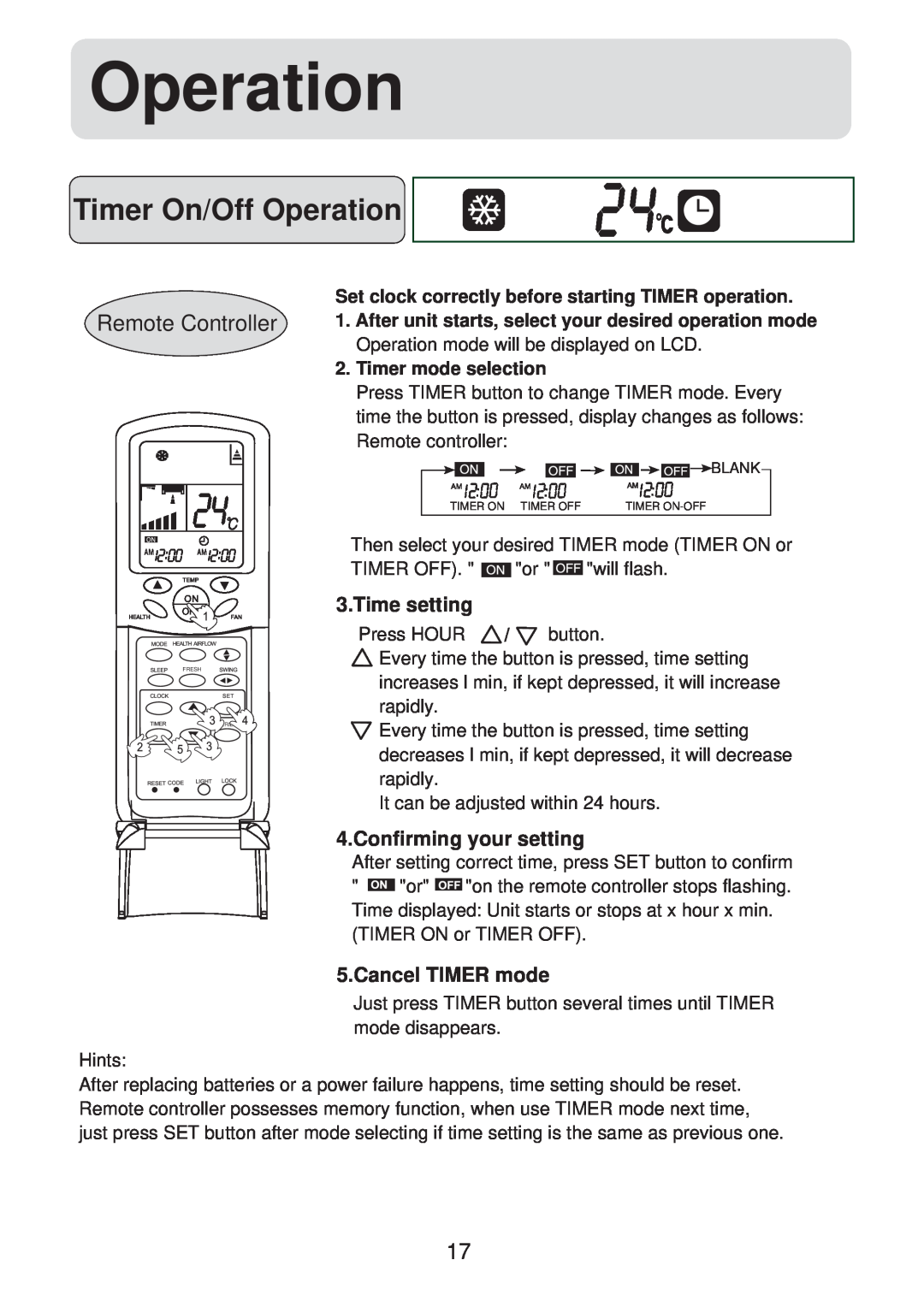Haier HSU-09HV03/R2(SDB) operation manual Timer On/Off Operation, Time setting, Confirming your setting, Cancel TIMER mode 