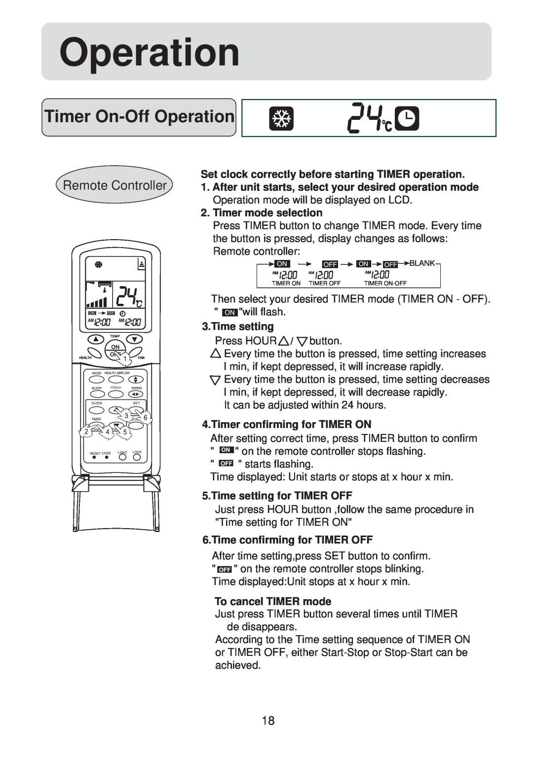 Haier HSU-12HV03/R2(SDB) Timer On-Off Operation, Remote Controller, Set clock correctly before starting TIMER operation 