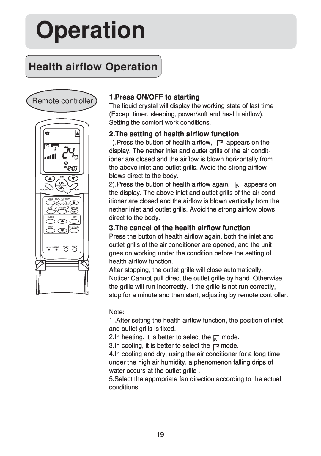 Haier HSU-09HV03/R2(SDB) Health airflow Operation, Press ON/OFF to starting, The setting of health airflow function 