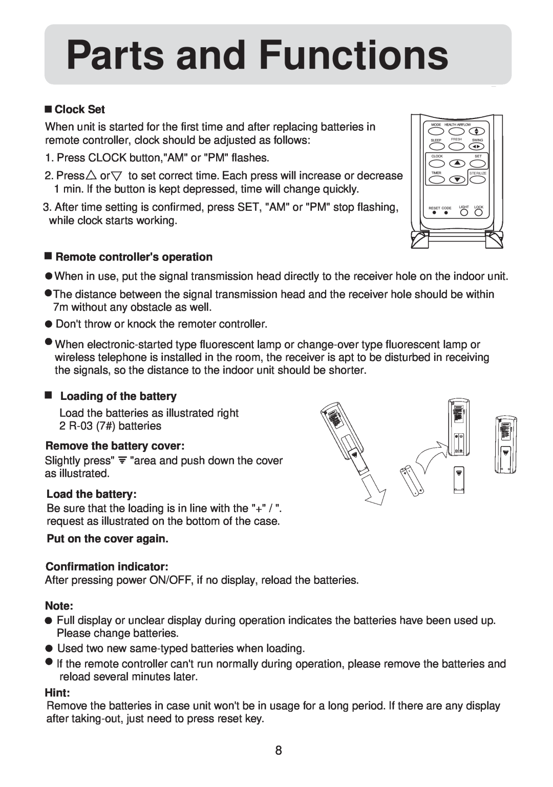 Haier HSU-12HV03/R2(SDB) Parts and Functions, Clock Set, Remote controllers operation, Loading of the battery, Hint 
