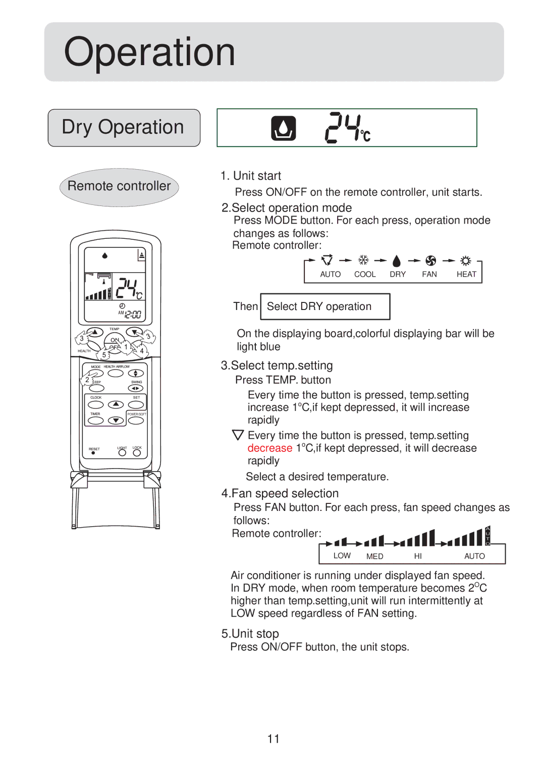 Haier HSU-09HV04, HSU-12HV04, HSU-18HV04, HSU-22HV04 operation manual Dry Operation 