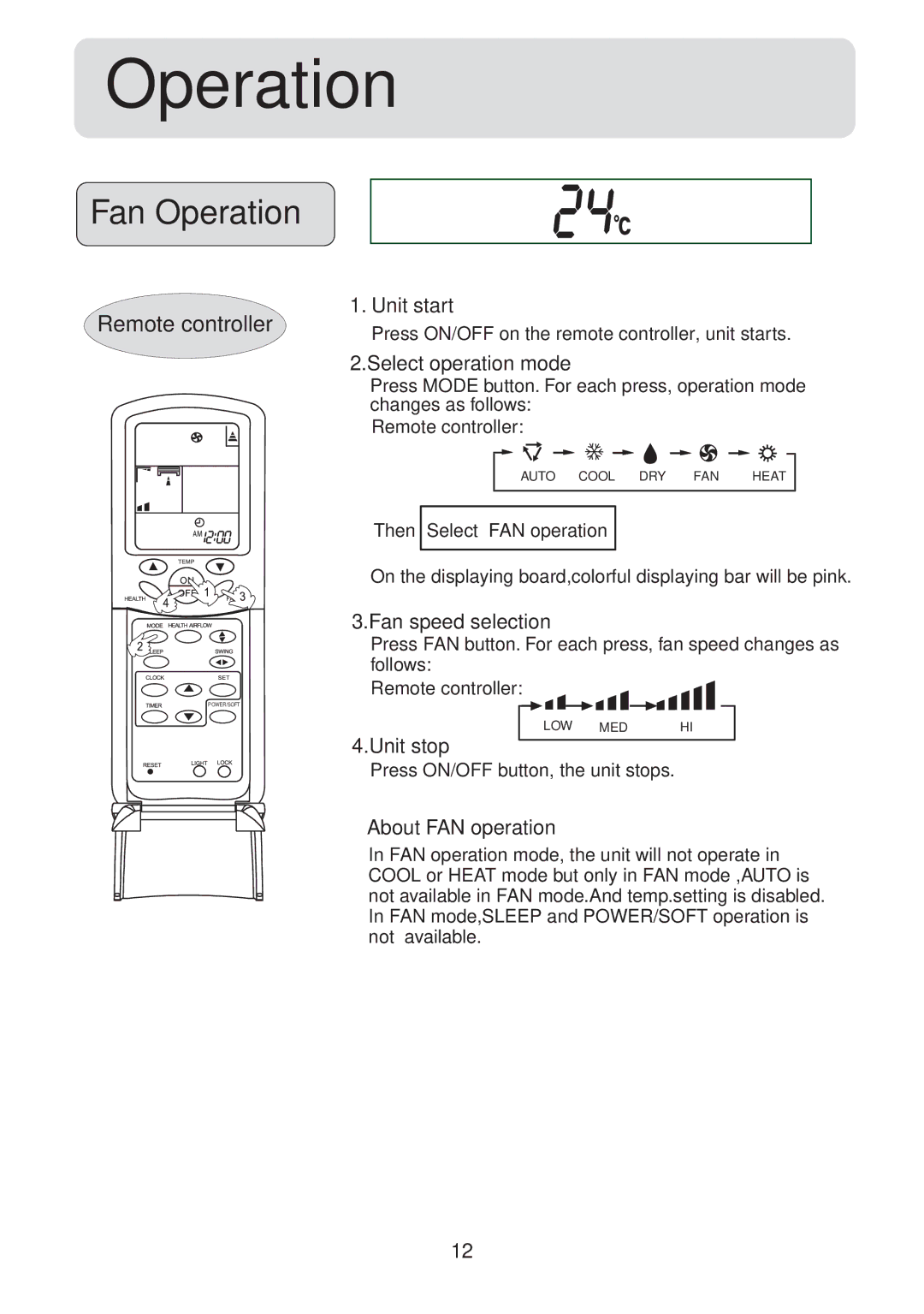 Haier HSU-09HV04, HSU-12HV04, HSU-18HV04, HSU-22HV04 operation manual Fan Operation, About FAN operation 