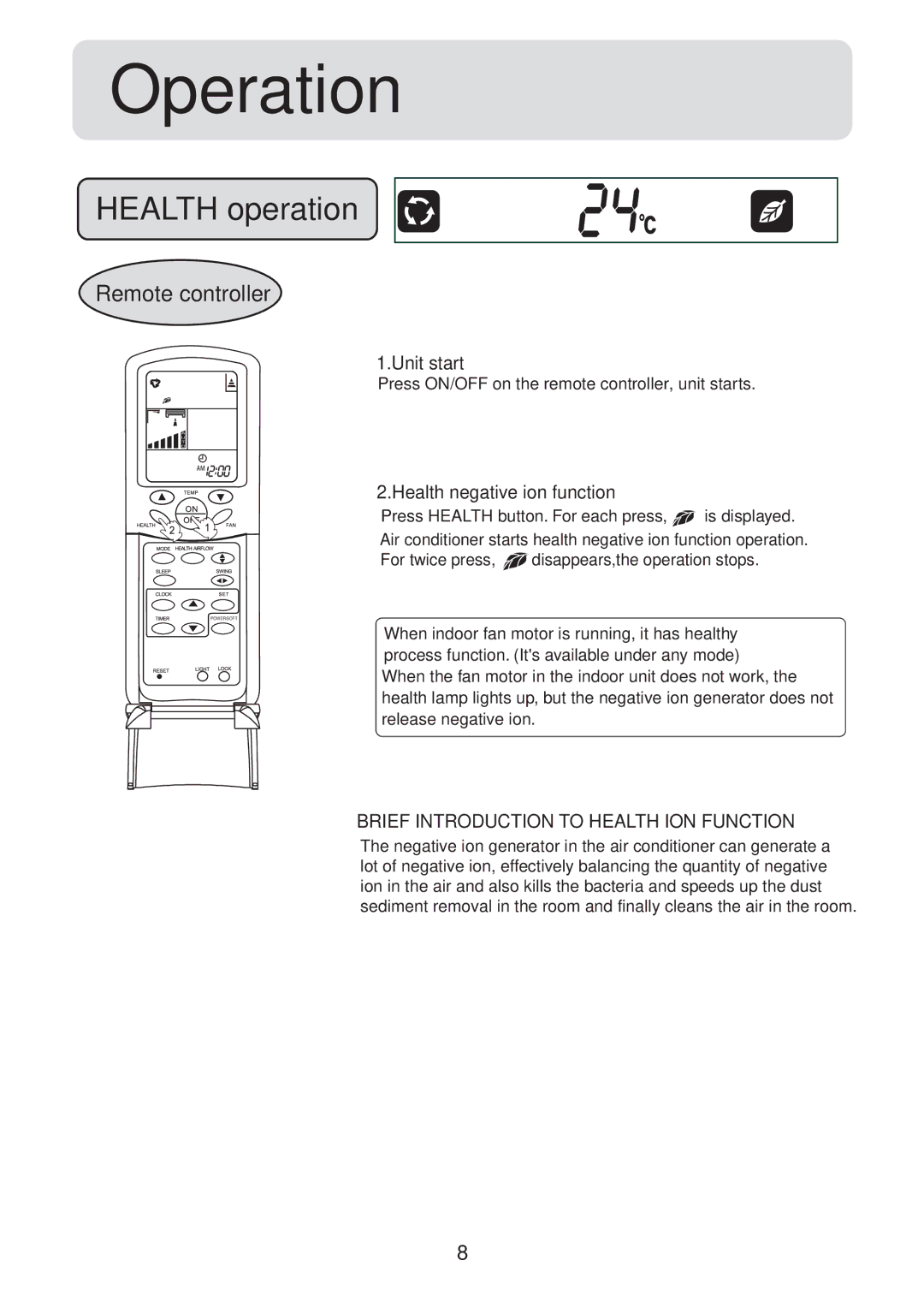 Haier HSU-09HV04, HSU-12HV04, HSU-18HV04, HSU-22HV04 operation manual Operation, Remote controller 