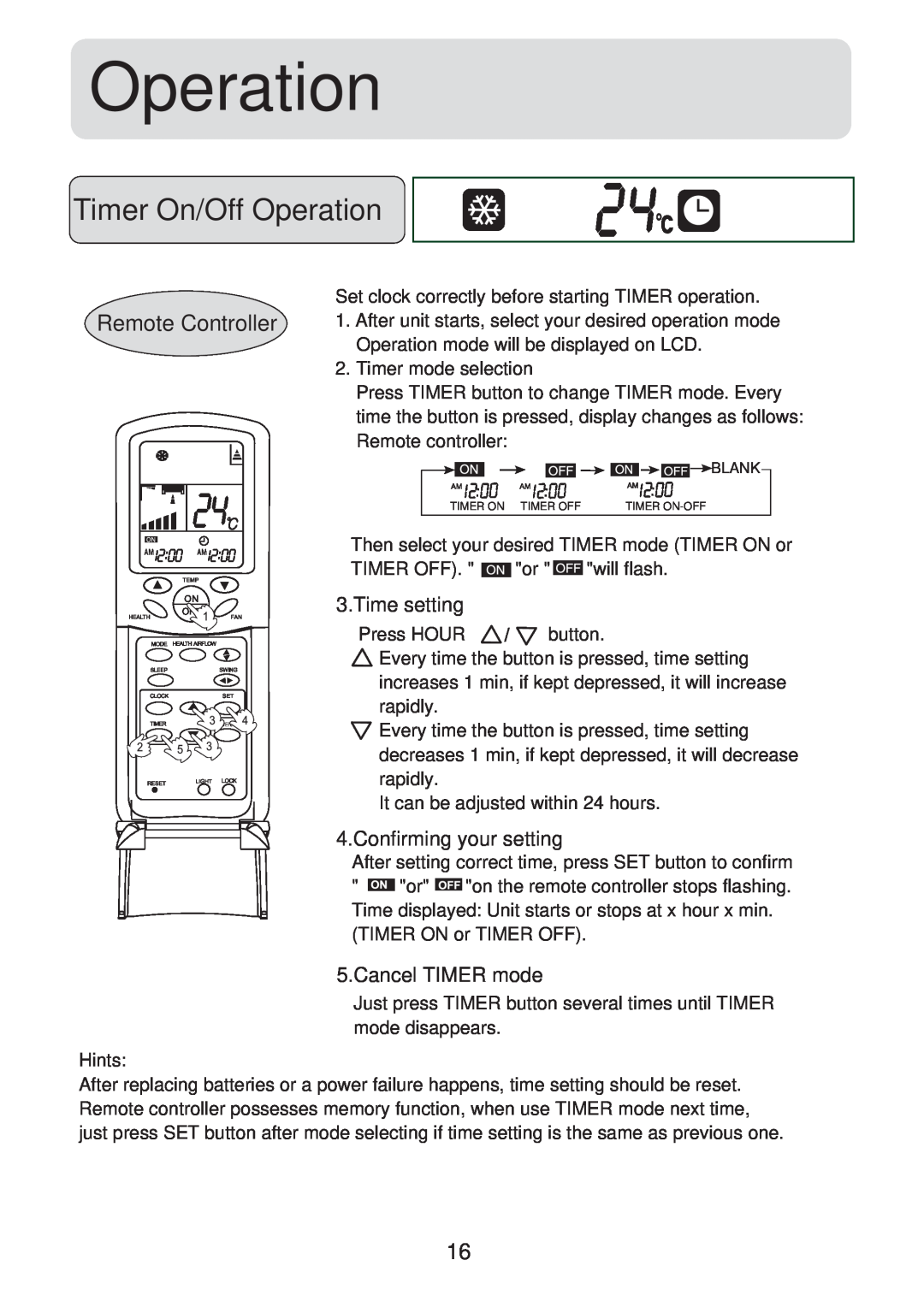 Haier HSU-09HV04, HSU-12HV04, HSU-18HV04, HSU-22HV04 operation manual Timer On/Off Operation, Remote Controller 