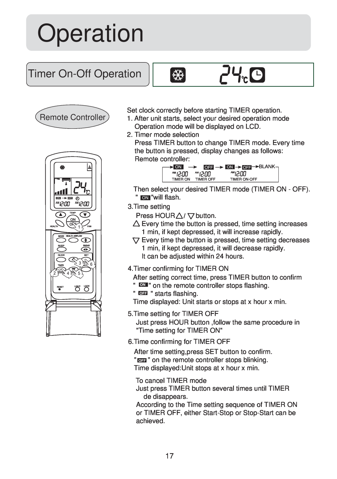 Haier HSU-09HV04, HSU-12HV04, HSU-18HV04, HSU-22HV04 operation manual Timer On-OffOperation, Remote Controller 