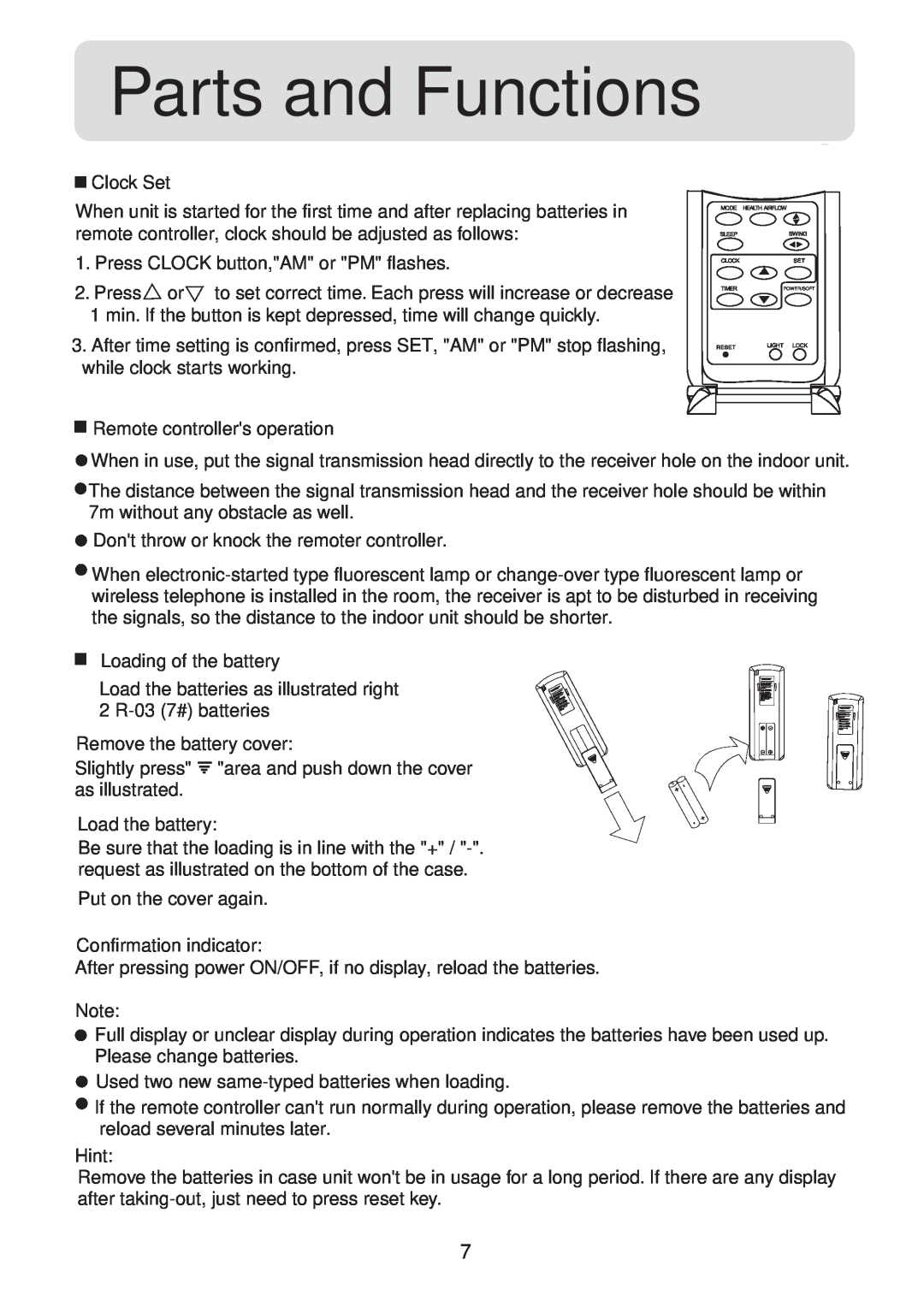 Haier HSU-09HV04, HSU-12HV04, HSU-18HV04, HSU-22HV04 operation manual Parts and Functions, Clock Set 